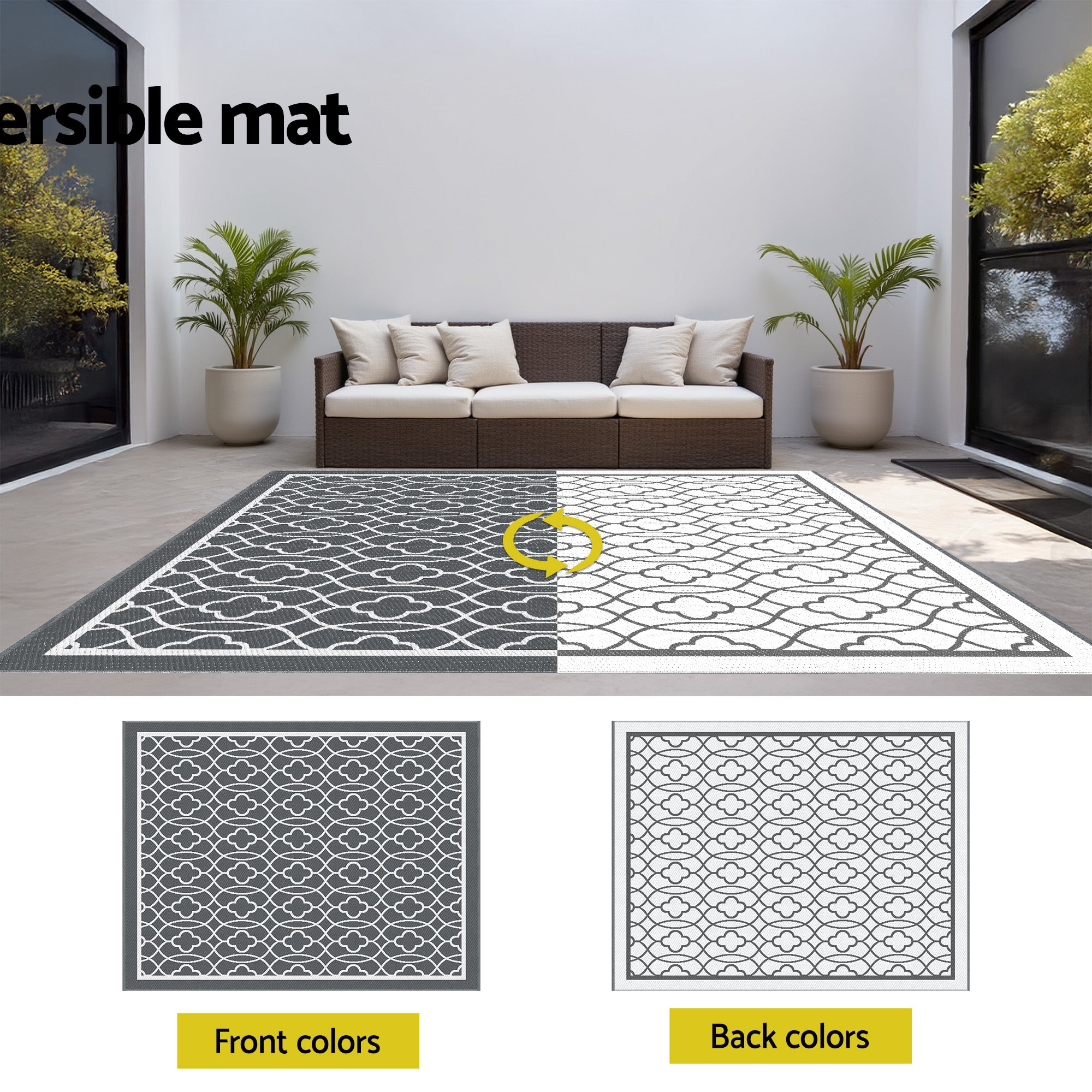 Gardeon Outdoor Rugs 274x366cm Large Carpet Reversible Mat PP Dual-Sided Patio Rug Grey
