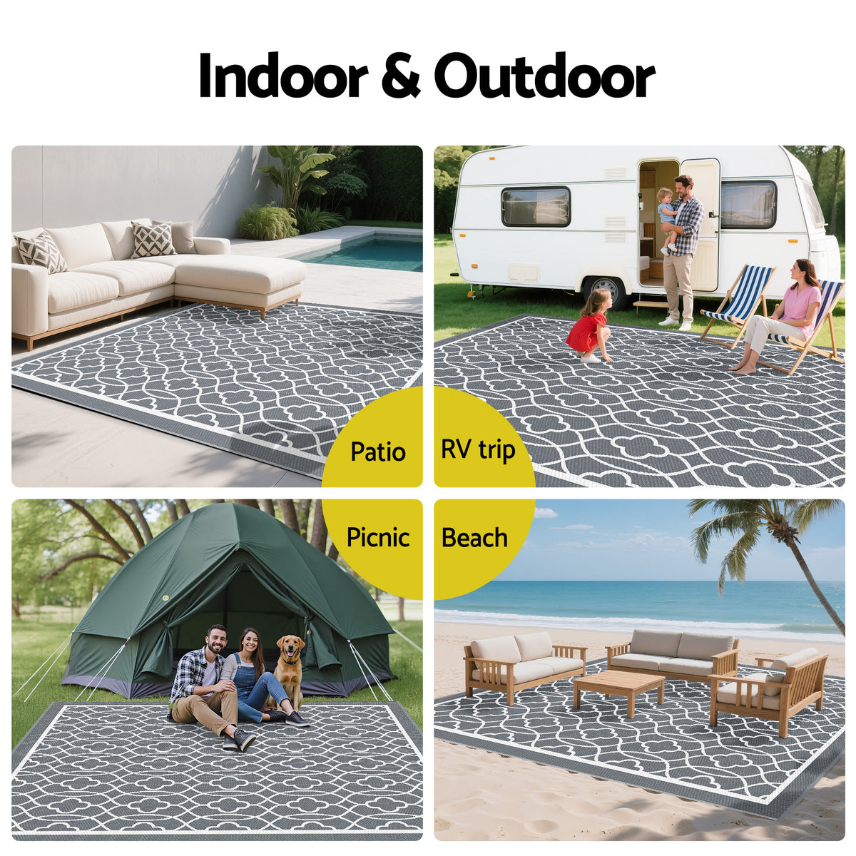 Gardeon Outdoor Rugs 274x366cm Large Carpet Reversible Mat PP Dual-Sided Patio Rug Grey
