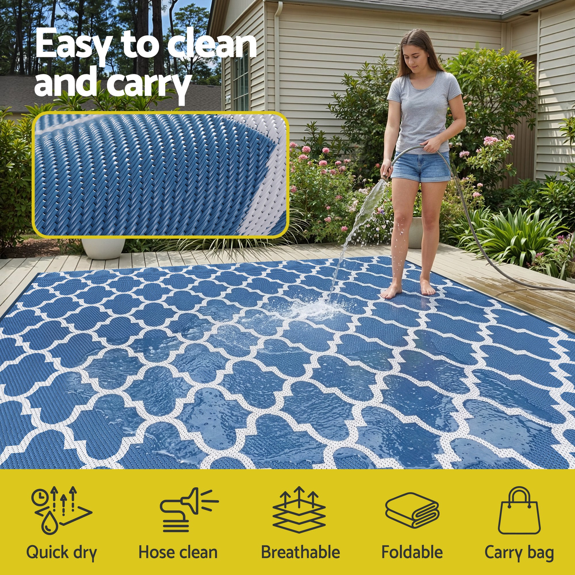 Gardeon Outdoor Rugs 274x366cm Large Carpet Reversible Mat PP Dual-Sided Patio Rug Blue