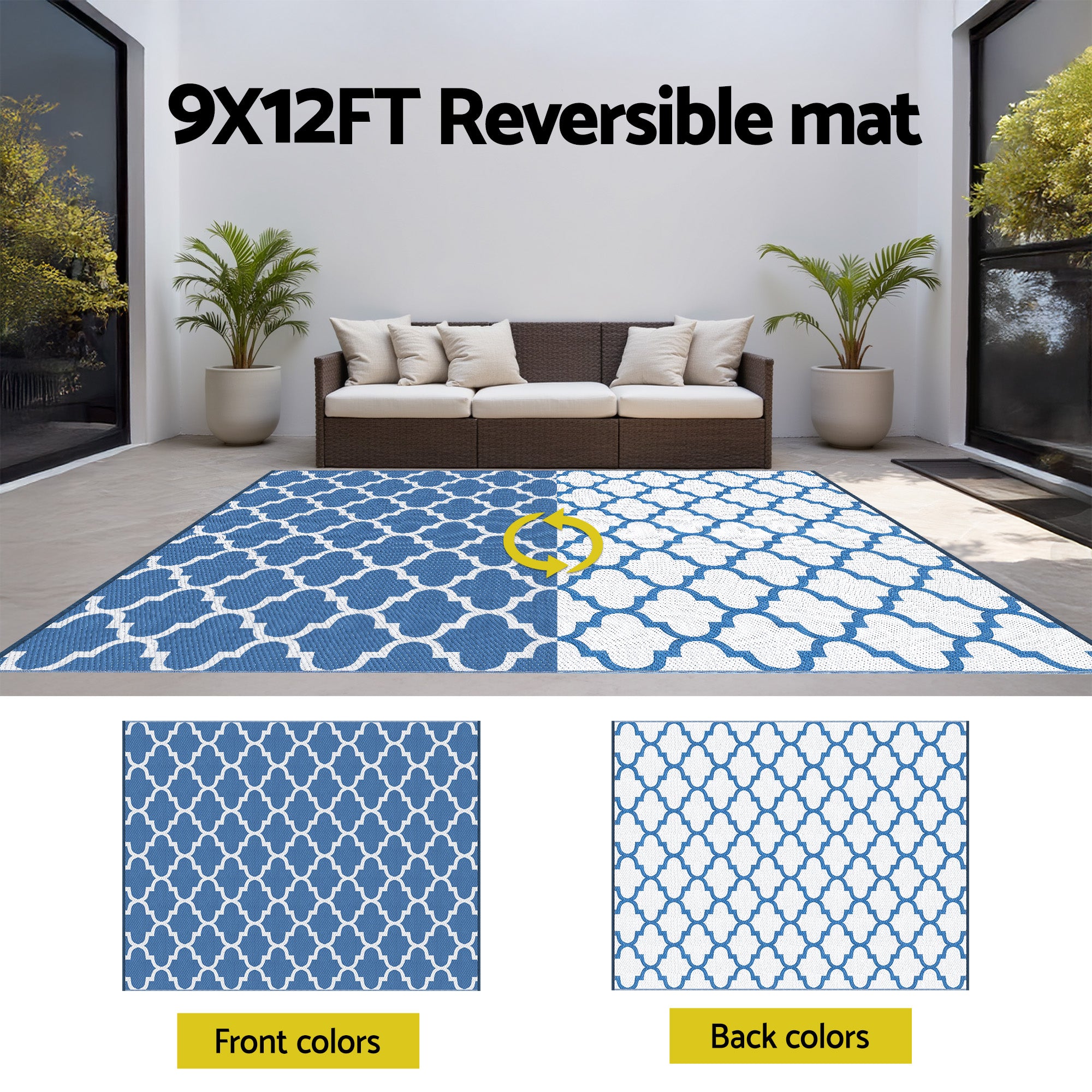 Gardeon Outdoor Rugs 274x366cm Large Carpet Reversible Mat PP Dual-Sided Patio Rug Blue