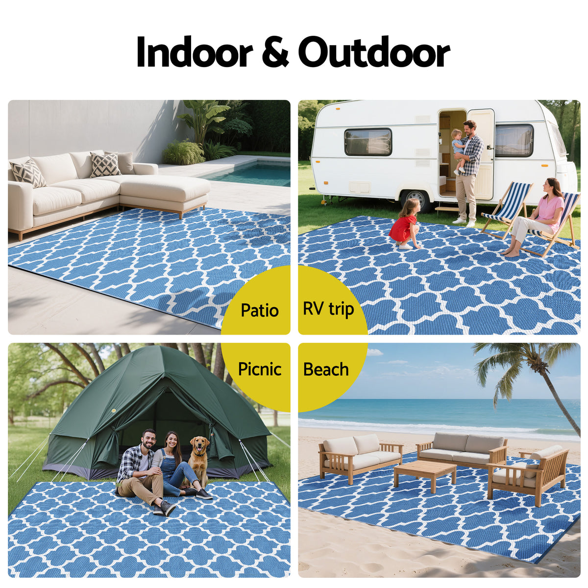 Gardeon Outdoor Rugs 274x366cm Large Carpet Reversible Mat PP Dual-Sided Patio Rug Blue