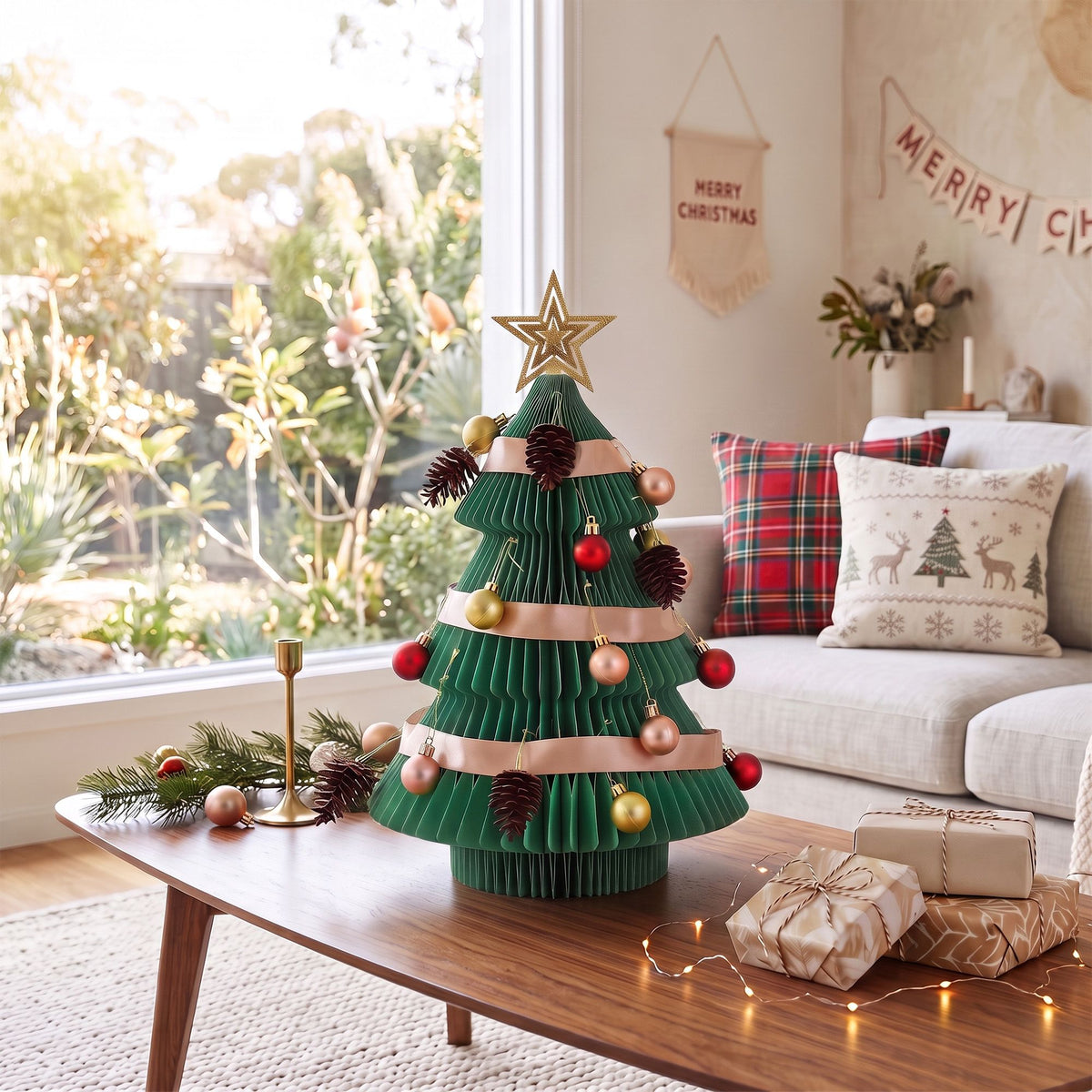 Jingle Jollys Paper Christmas Tree Tabletop 47CM Topper Green DIY Ornament Set
