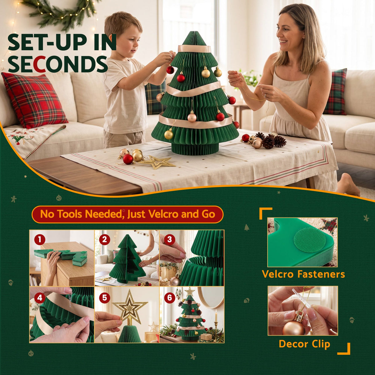 Jingle Jollys Paper Christmas Tree Tabletop 47CM Topper Green DIY Ornament Set