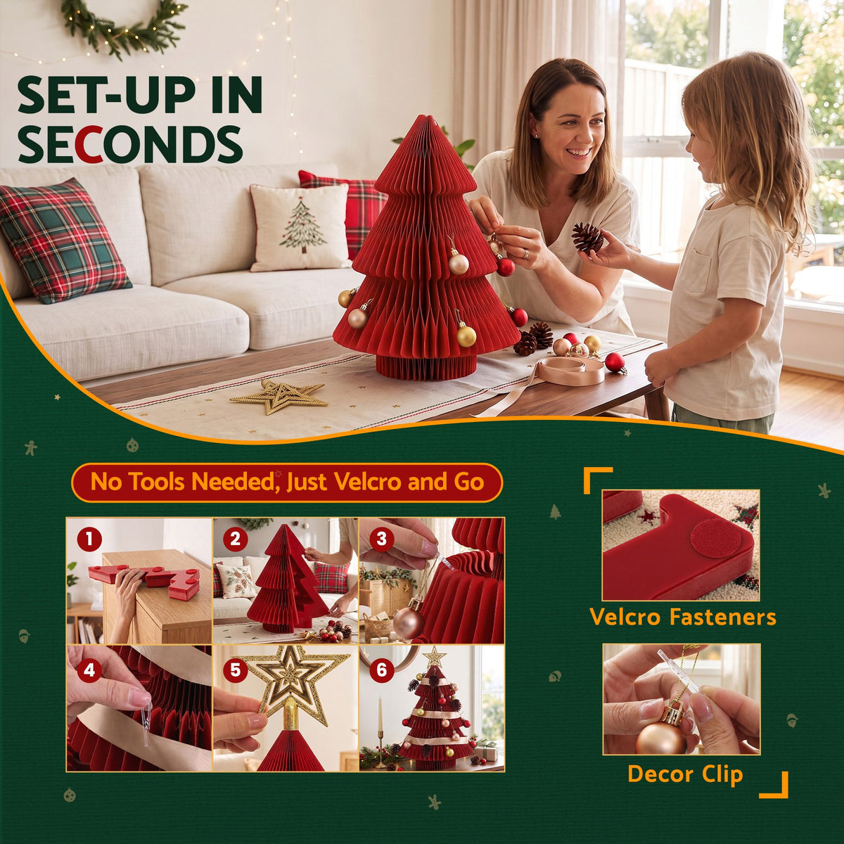 Jingle Jollys Paper Christmas Tree Tabletop 47CM Topper Red DIY Ornament Set