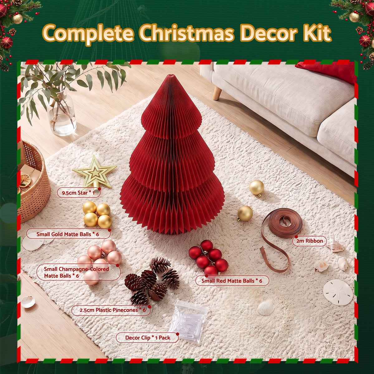 Jingle Jollys Paper Christmas Tree Tabletop 47CM Topper Red DIY Ornament Set