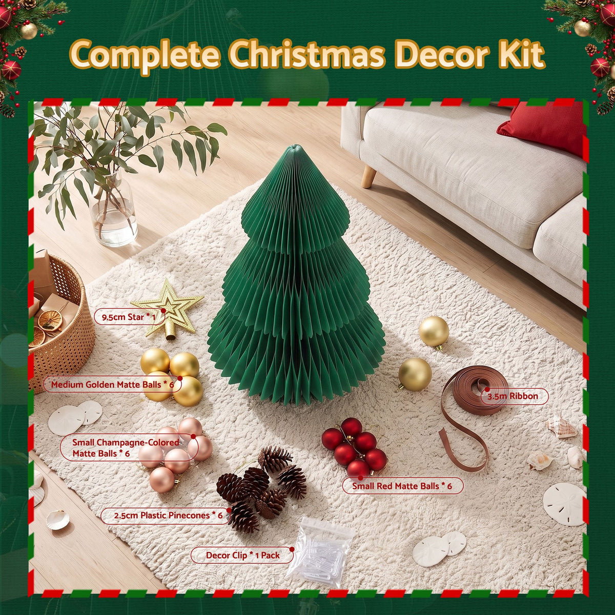 Jingle Jollys Paper Christmas Tree Tabletop 61CM Topper Green DIY Ornament Set