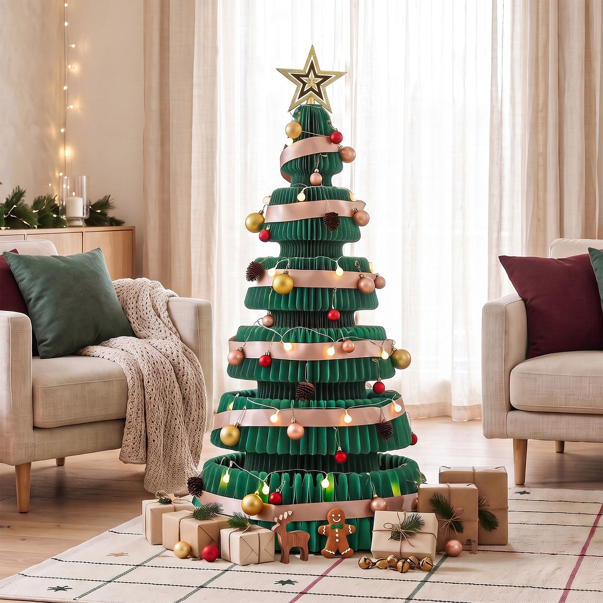 Jingle Jollys Paper Christmas Tree 111CM w/ Star Topper LEDs Green