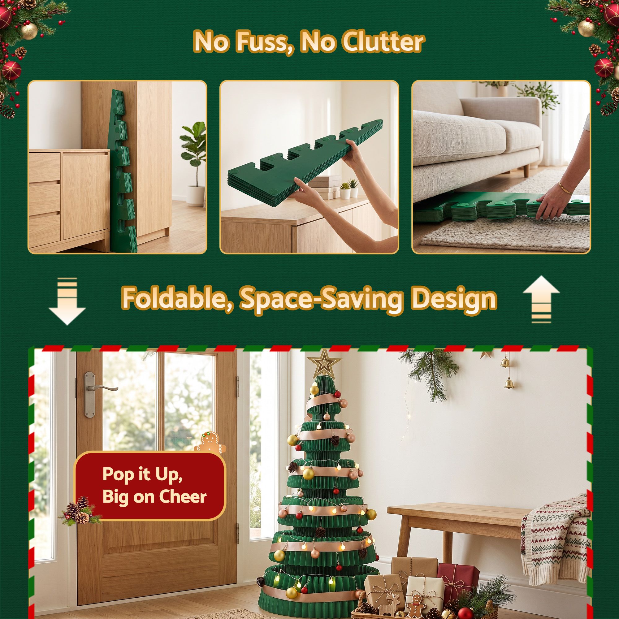 Jingle Jollys Paper Christmas Tree 111CM w/ Star Topper LEDs Green