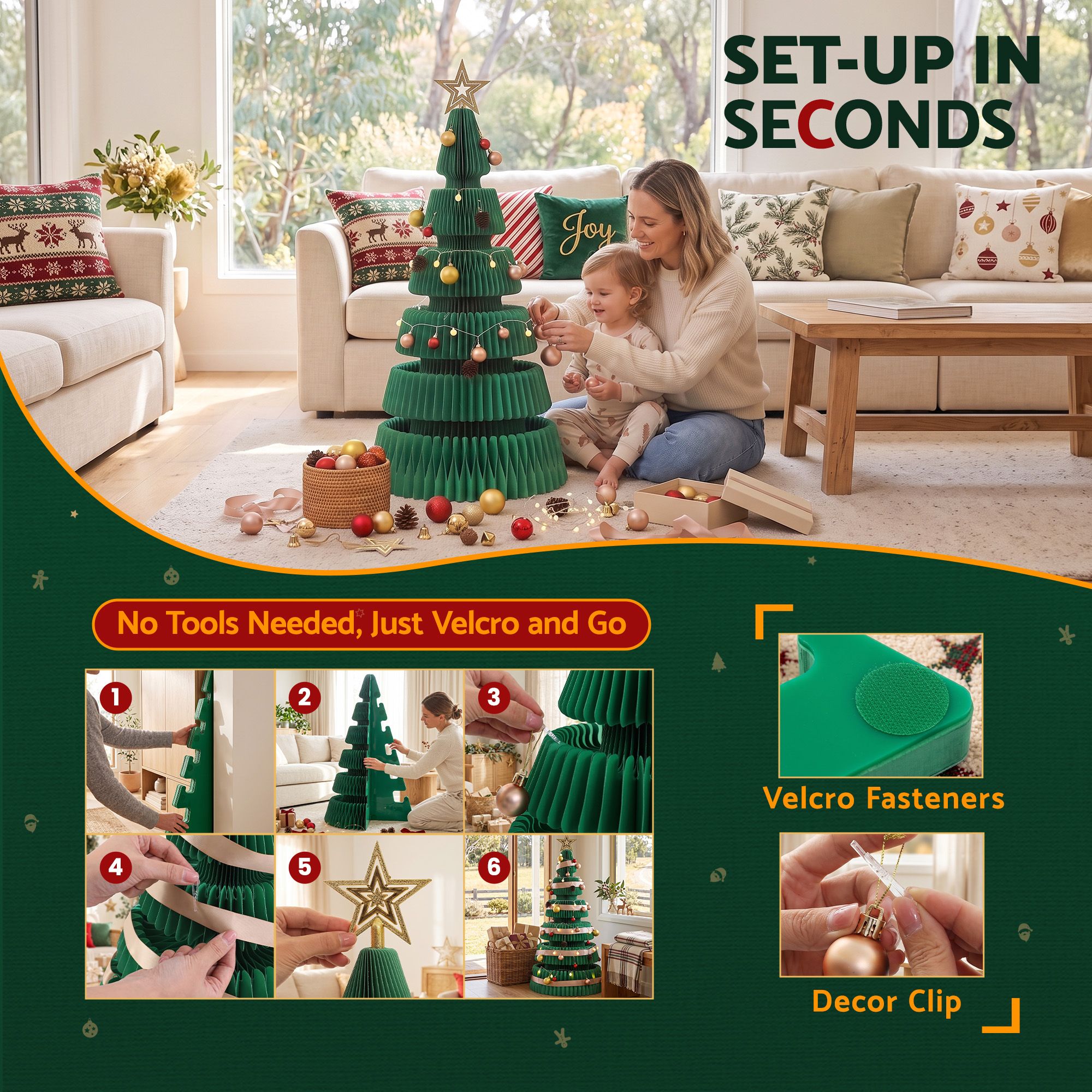 Jingle Jollys Paper Christmas Tree 111CM w/ Star Topper LEDs Green