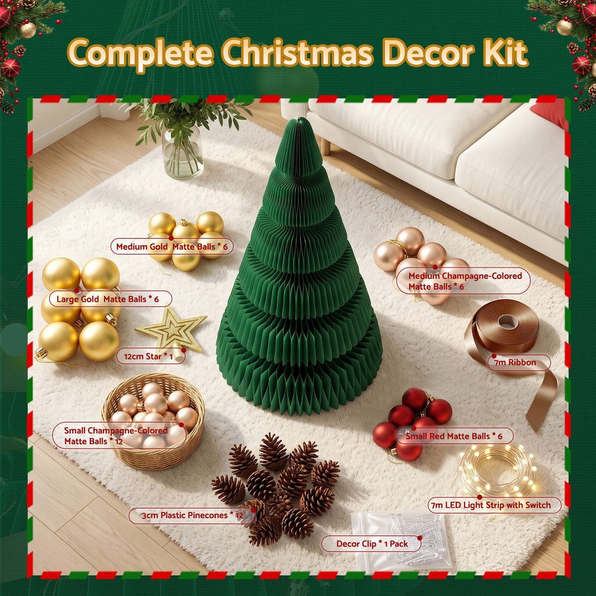 Jingle Jollys Paper Christmas Tree 111CM w/ Star Topper LEDs Green