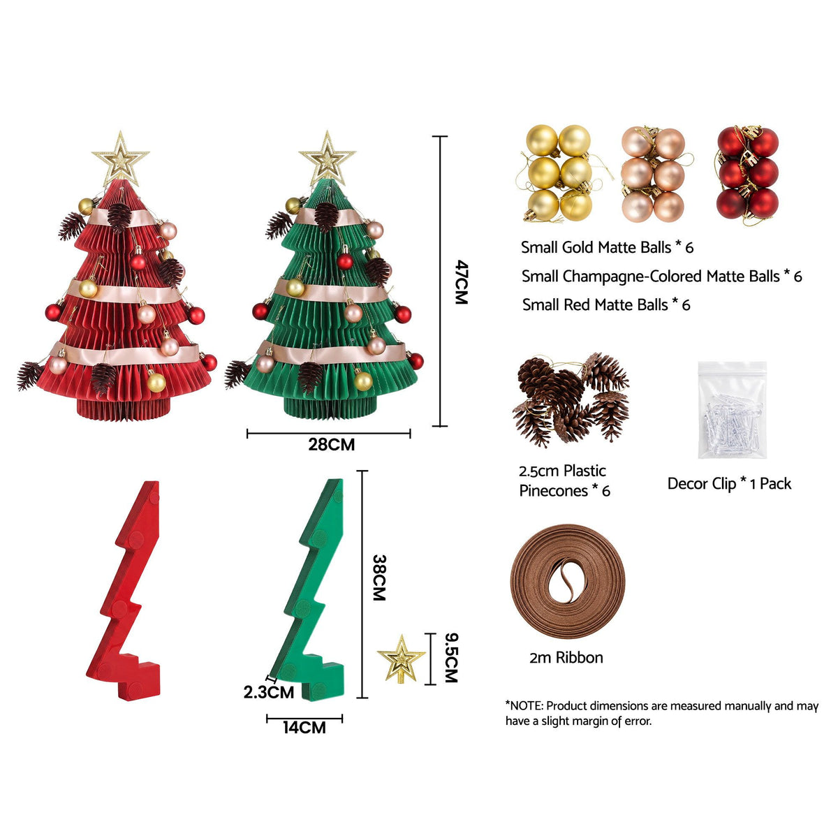 Jingle Jollys 2X Folding Christmas Tree Honeycomb 3D 47cm Red&Green