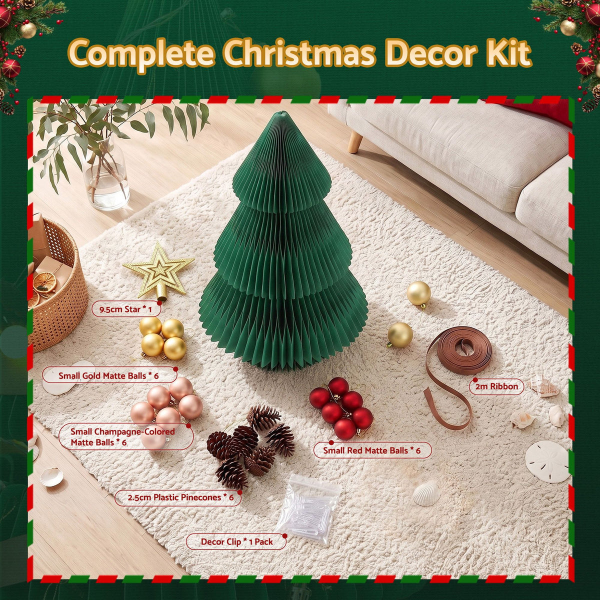 Jingle Jollys 2X Folding Christmas Tree Honeycomb 3D 47cm Red&Green