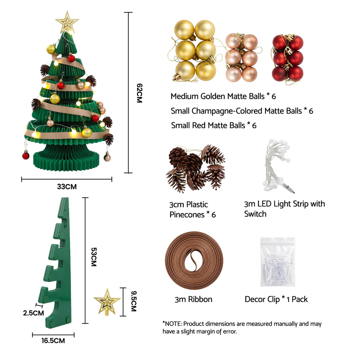 Jingle Jollys Paper Christmas Tree 62CM w/ Star Topper LEDs Green