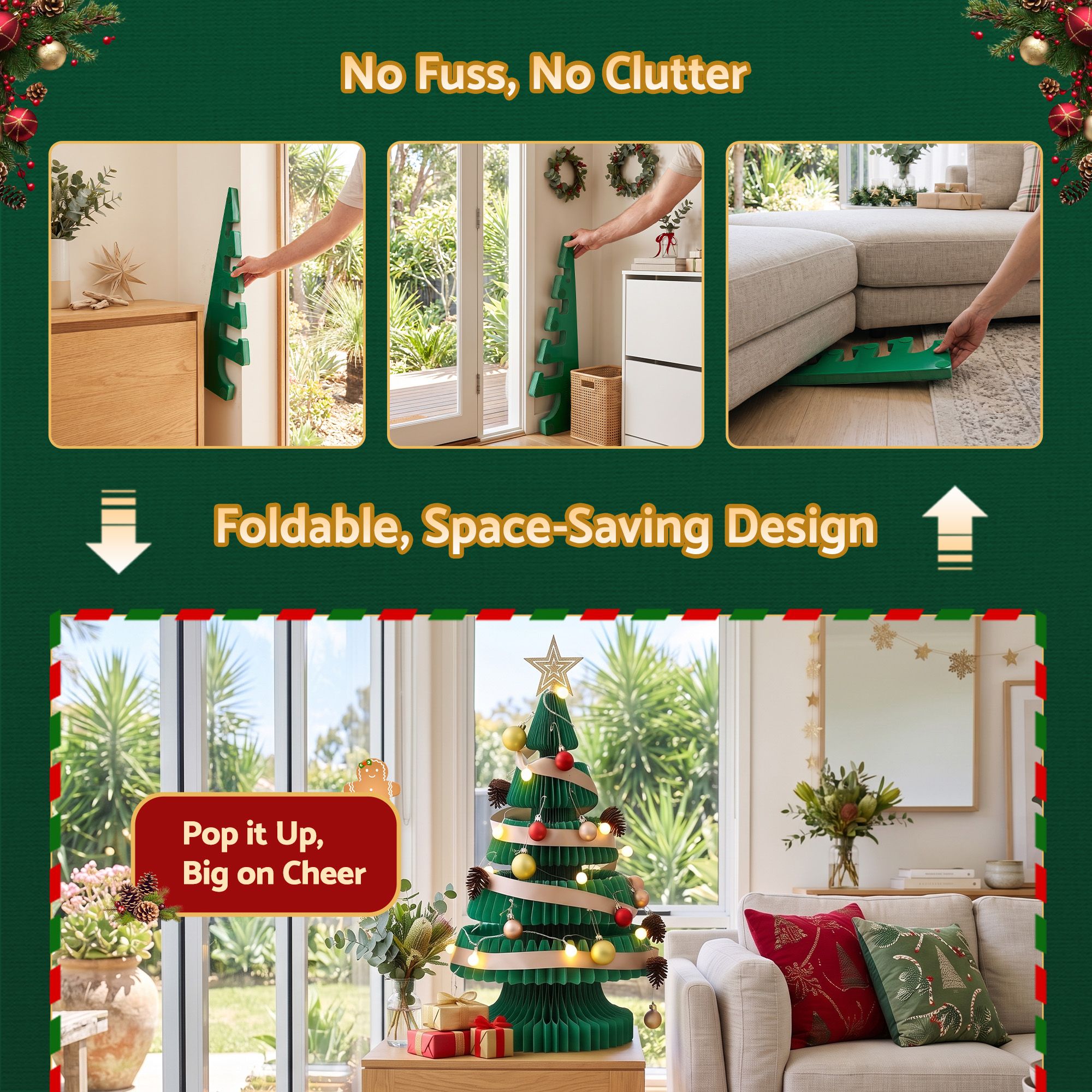 Jingle Jollys Paper Christmas Tree 62CM w/ Star Topper LEDs Green