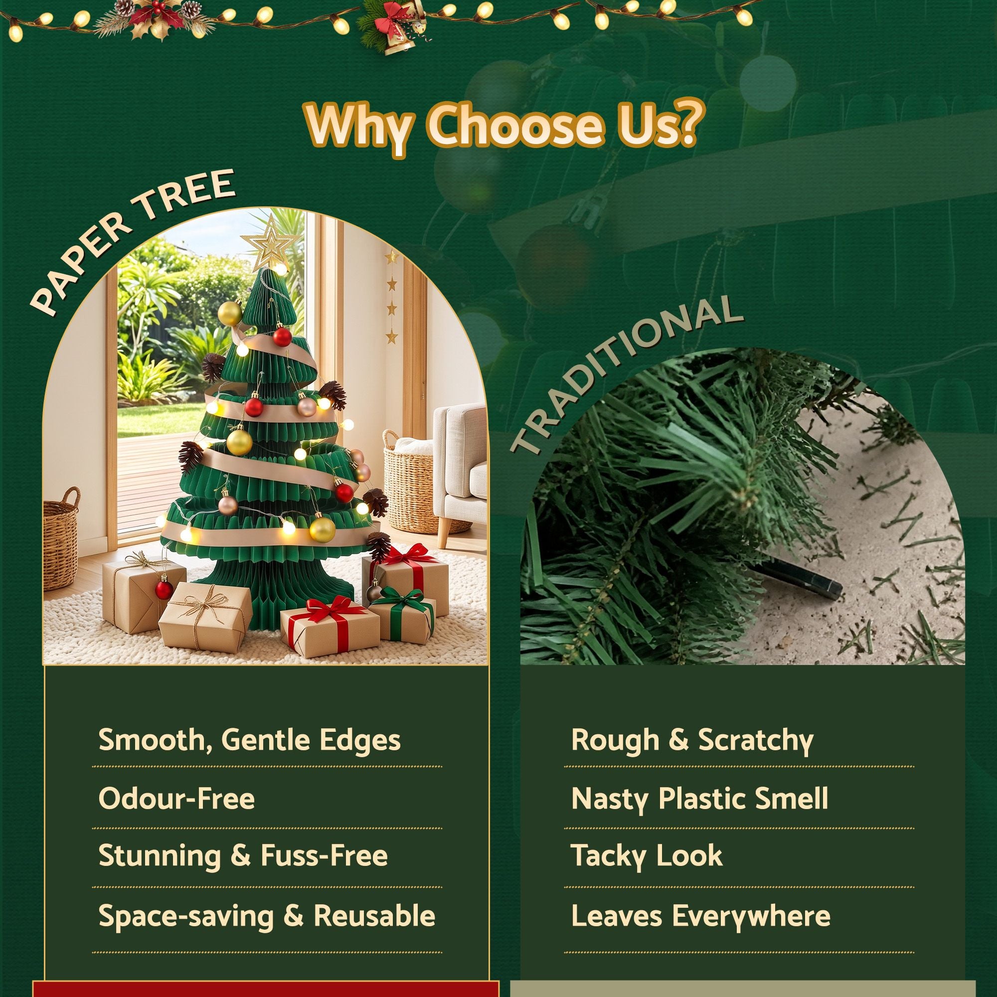 Jingle Jollys Paper Christmas Tree 62CM w/ Star Topper LEDs Green