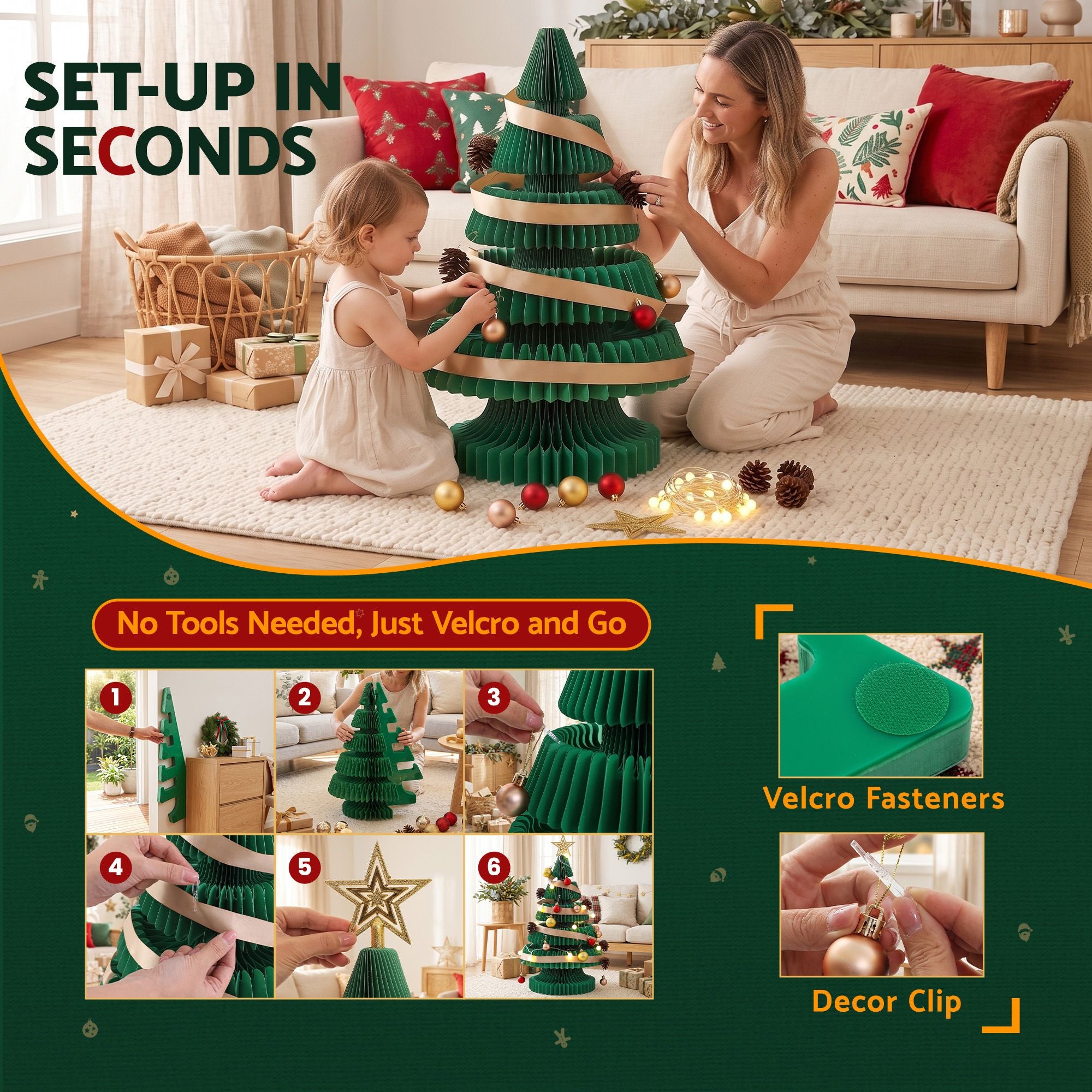 Jingle Jollys Paper Christmas Tree 62CM w/ Star Topper LEDs Green