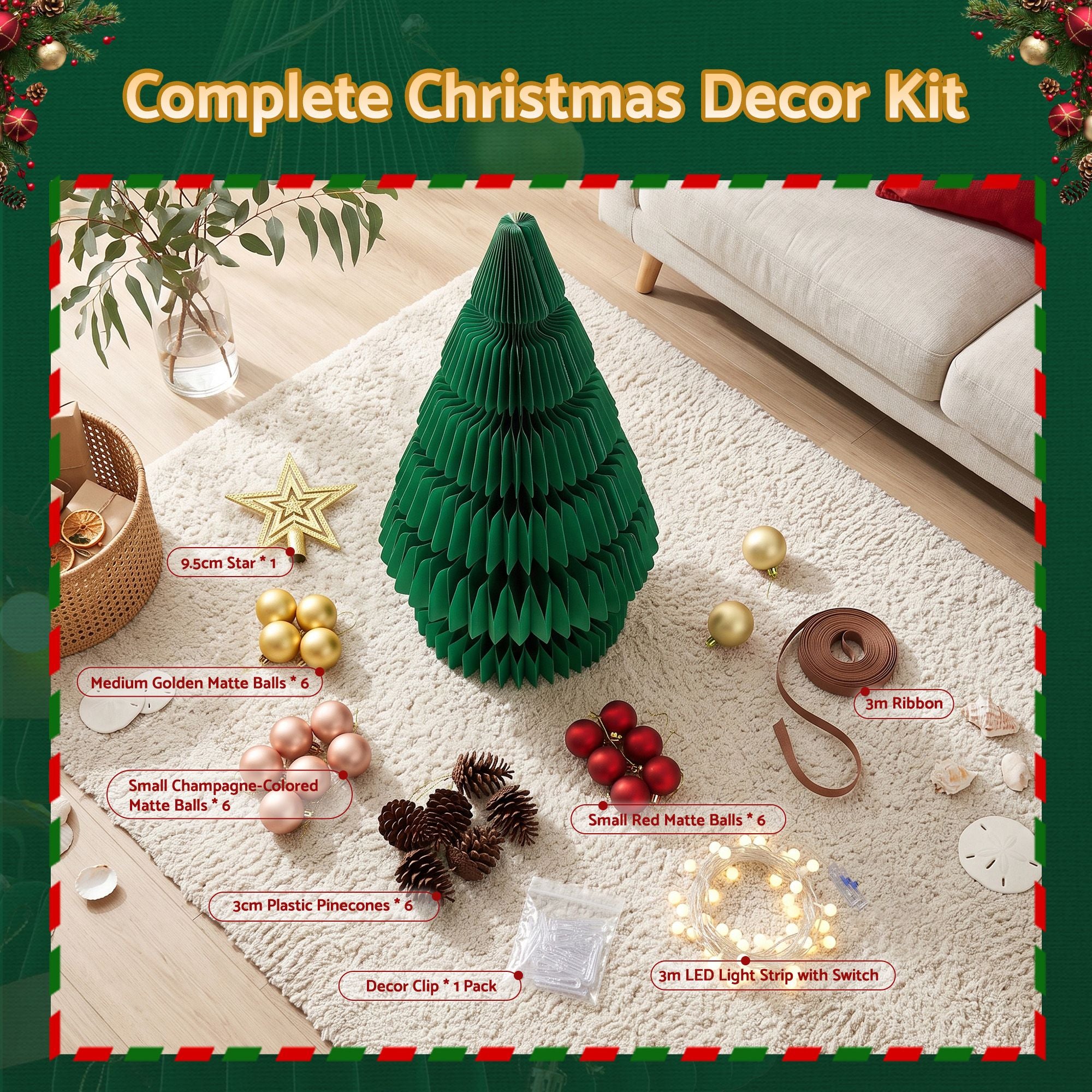 Jingle Jollys Paper Christmas Tree 62CM w/ Star Topper LEDs Green