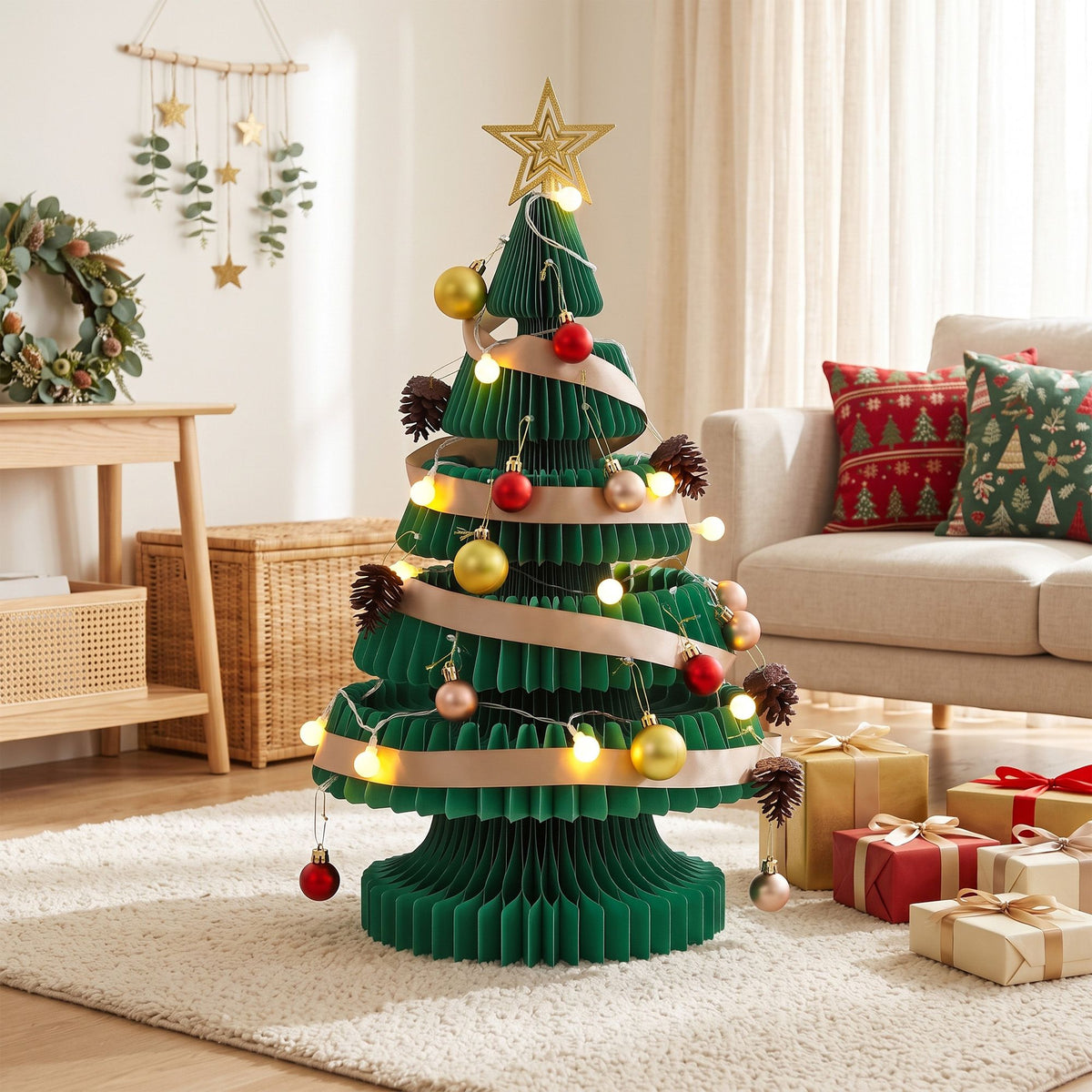 Jingle Jollys Paper Christmas Tree 62CM w/ Star Topper LEDs Green