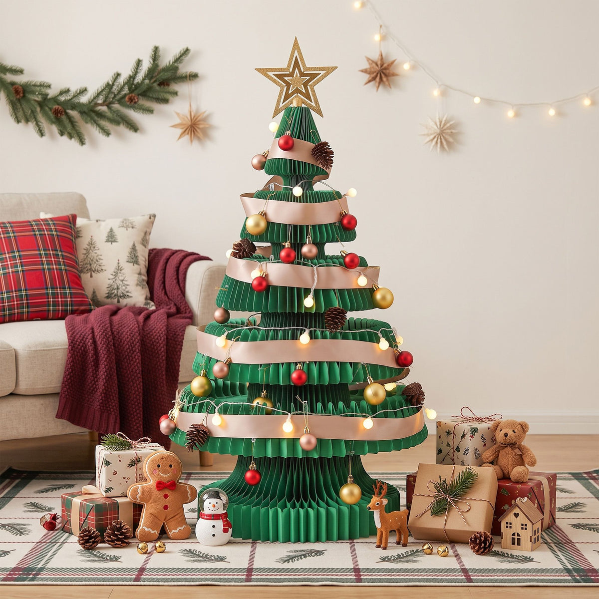 Jingle Jollys Paper Christmas Tree 87CM w/ Star Topper LEDs Green