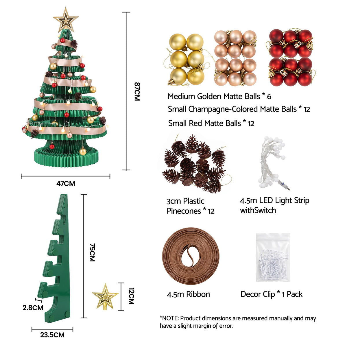 Jingle Jollys Paper Christmas Tree 87CM w/ Star Topper LEDs Green