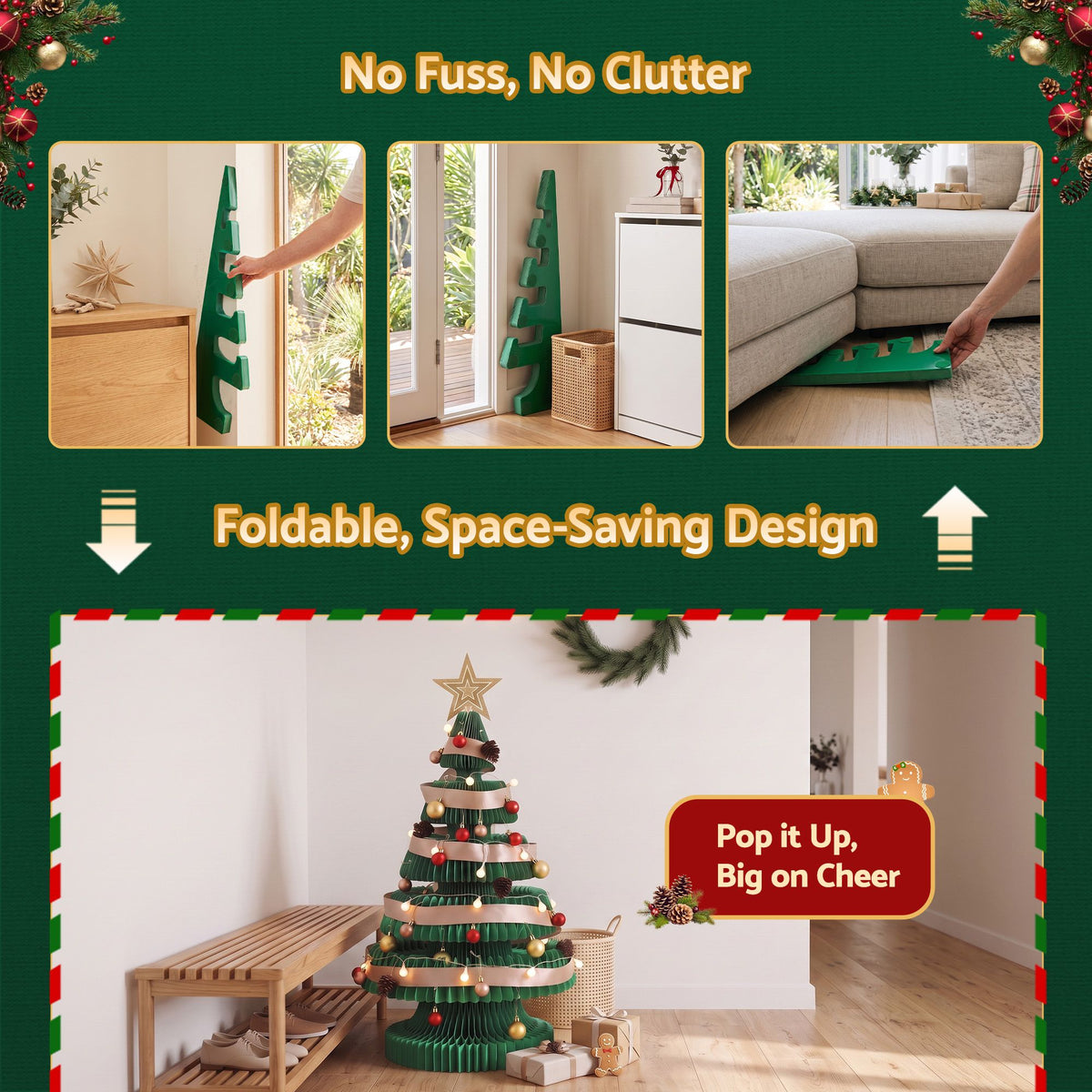 Jingle Jollys Paper Christmas Tree 87CM w/ Star Topper LEDs Green
