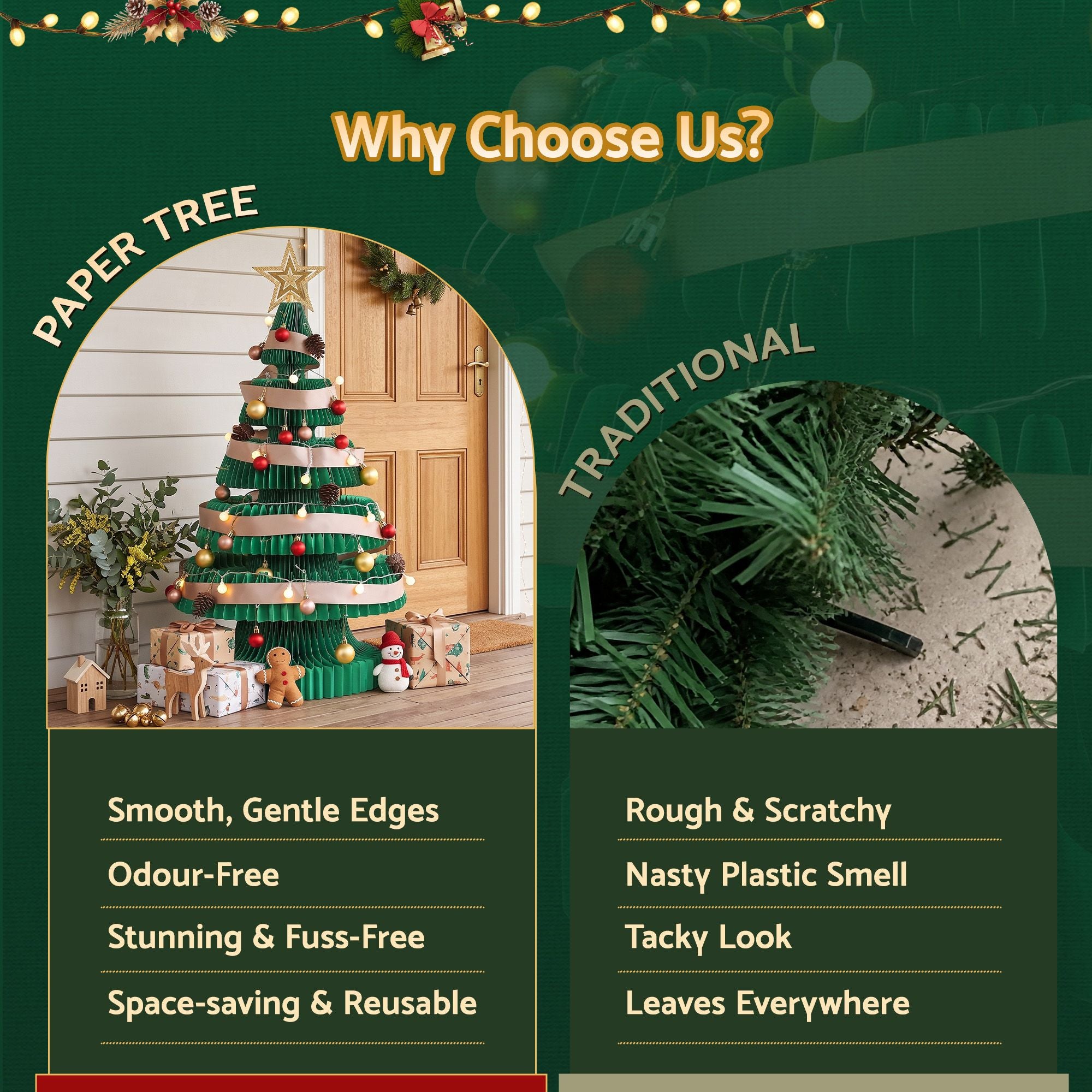 Jingle Jollys Paper Christmas Tree 87CM w/ Star Topper LEDs Green