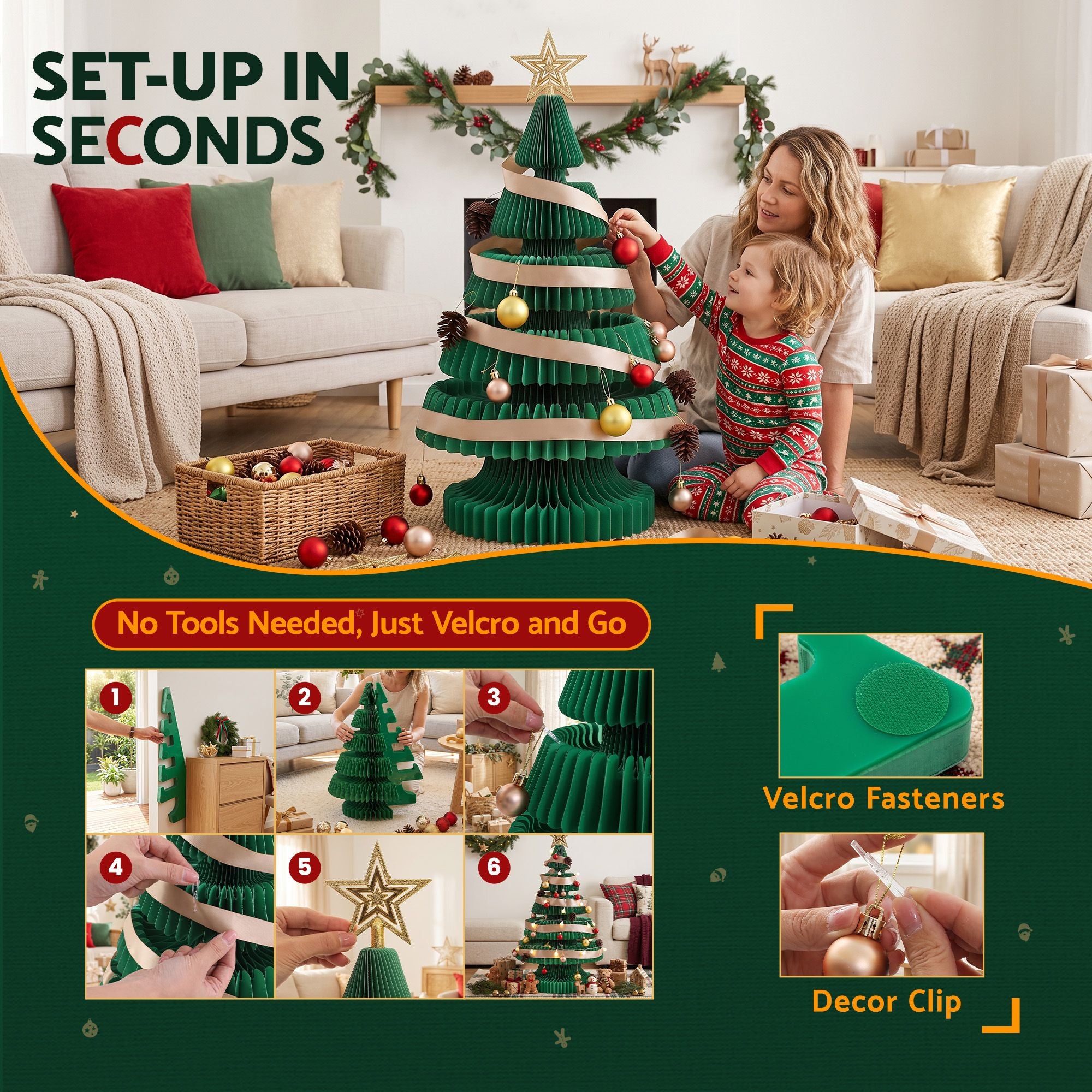 Jingle Jollys Paper Christmas Tree 87CM w/ Star Topper LEDs Green