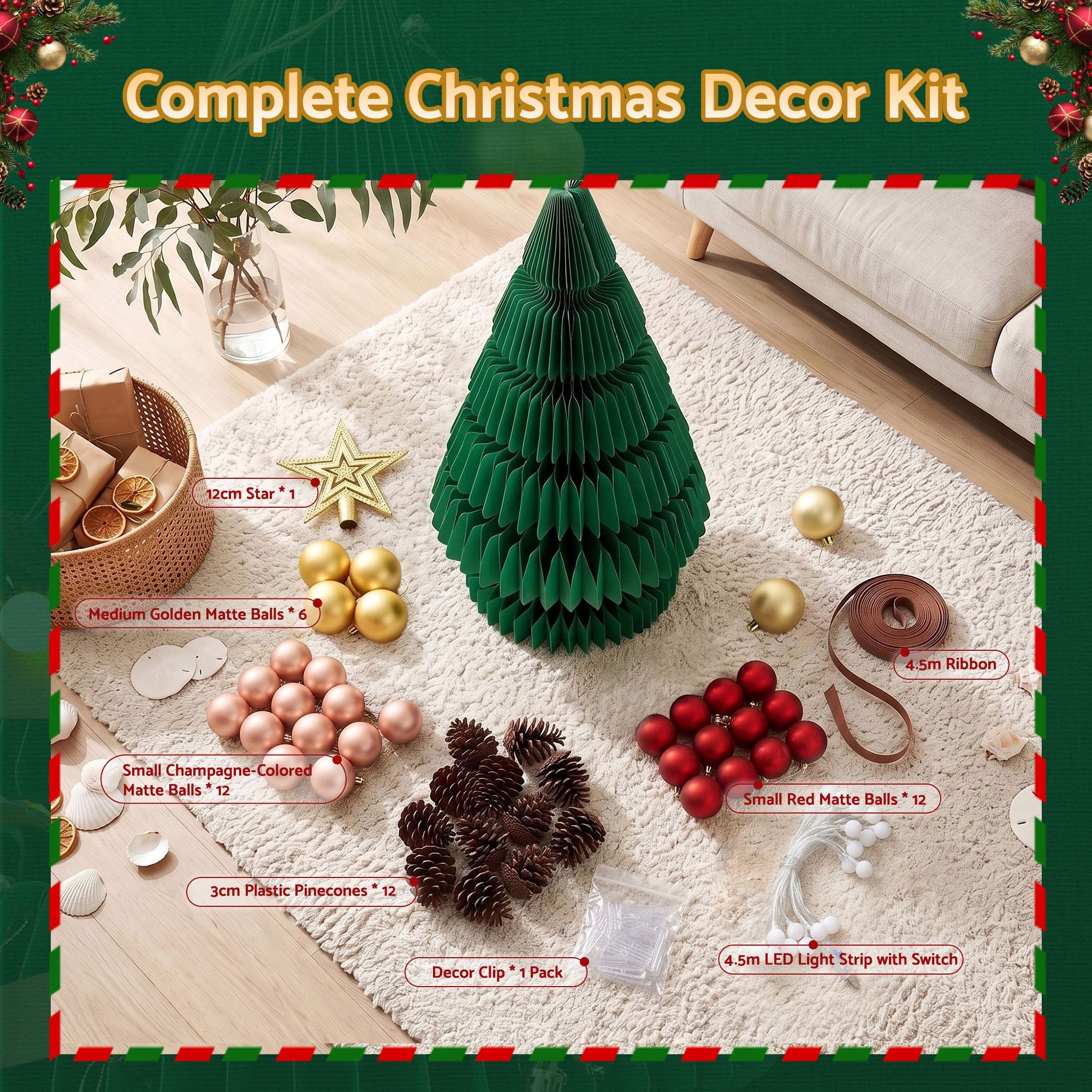 Jingle Jollys Paper Christmas Tree 87CM w/ Star Topper LEDs Green