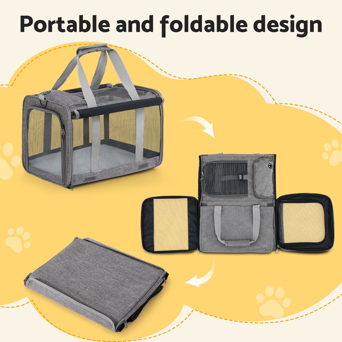i.Pet Foldable Pet Carrier Bag Durable Travel Crate Portable Dog Cat Kennel Grey