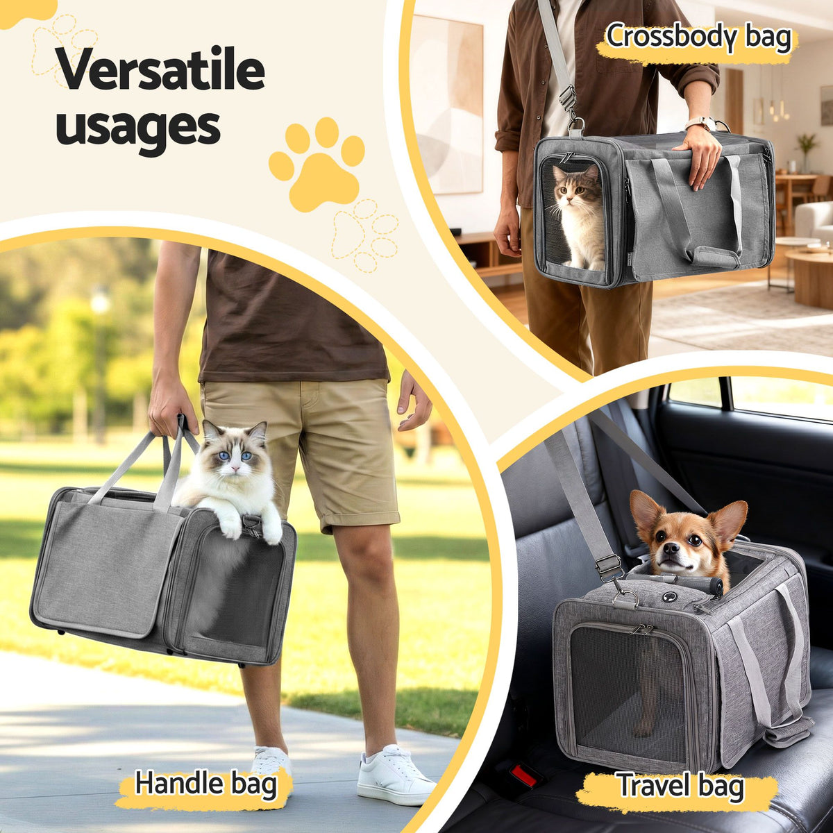 i.Pet Foldable Pet Carrier Bag Durable Travel Crate Portable Dog Cat Kennel Grey