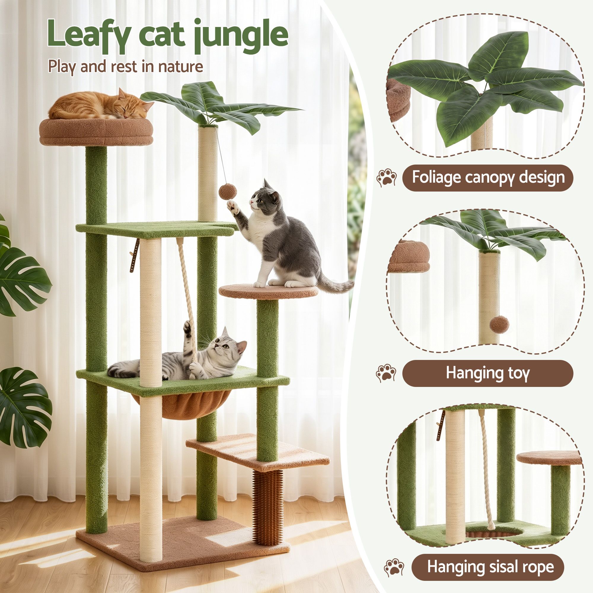 i.Pet Cat Tree Tower 152cm Jungle Multi-Level Scratching Post Leafy Canopy