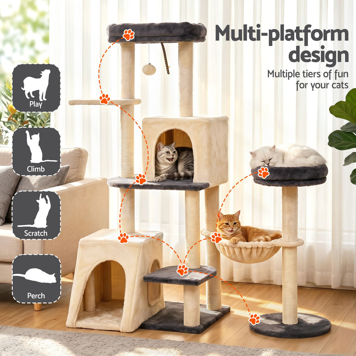 iPet 133cm Rotatable L-Shape Cat Tree Tower Scratching Post Grey Beige Furniture