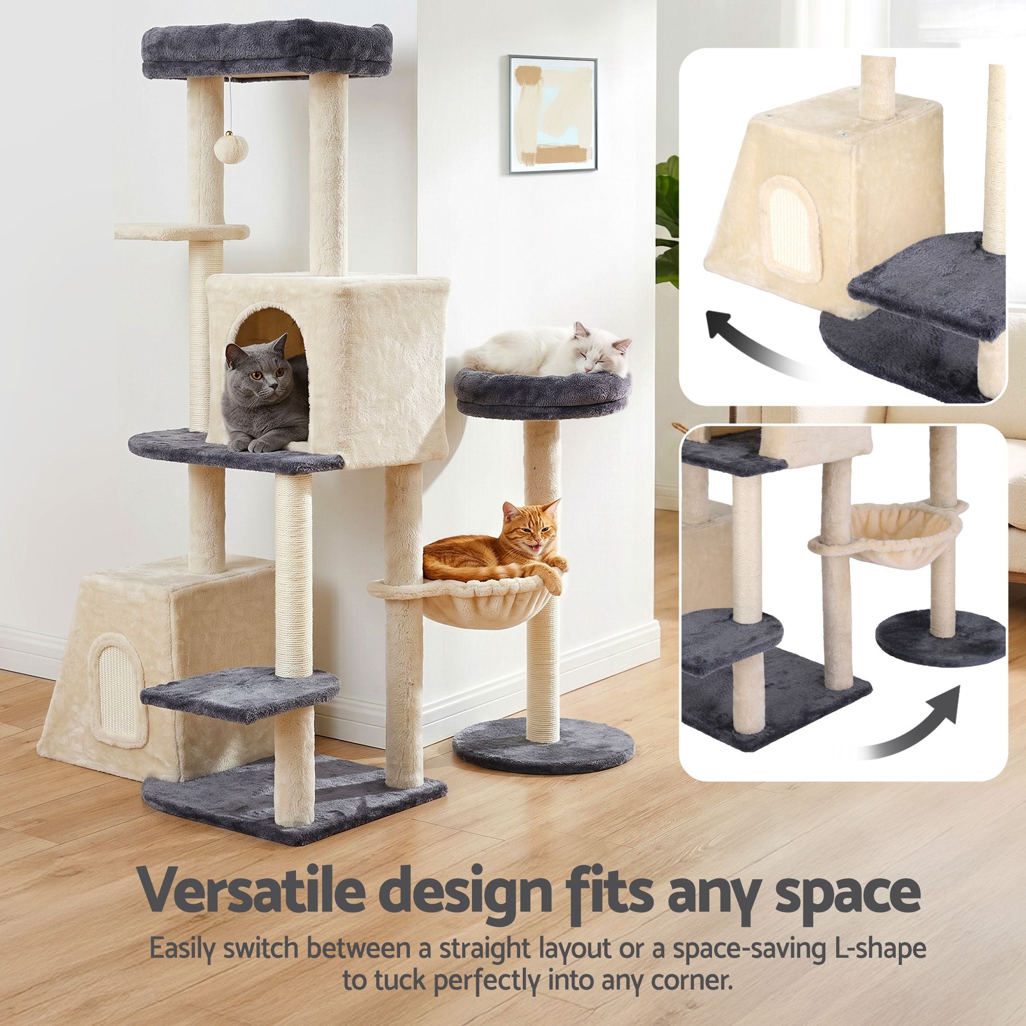 iPet 133cm Rotatable L-Shape Cat Tree Tower Scratching Post Grey Beige Furniture