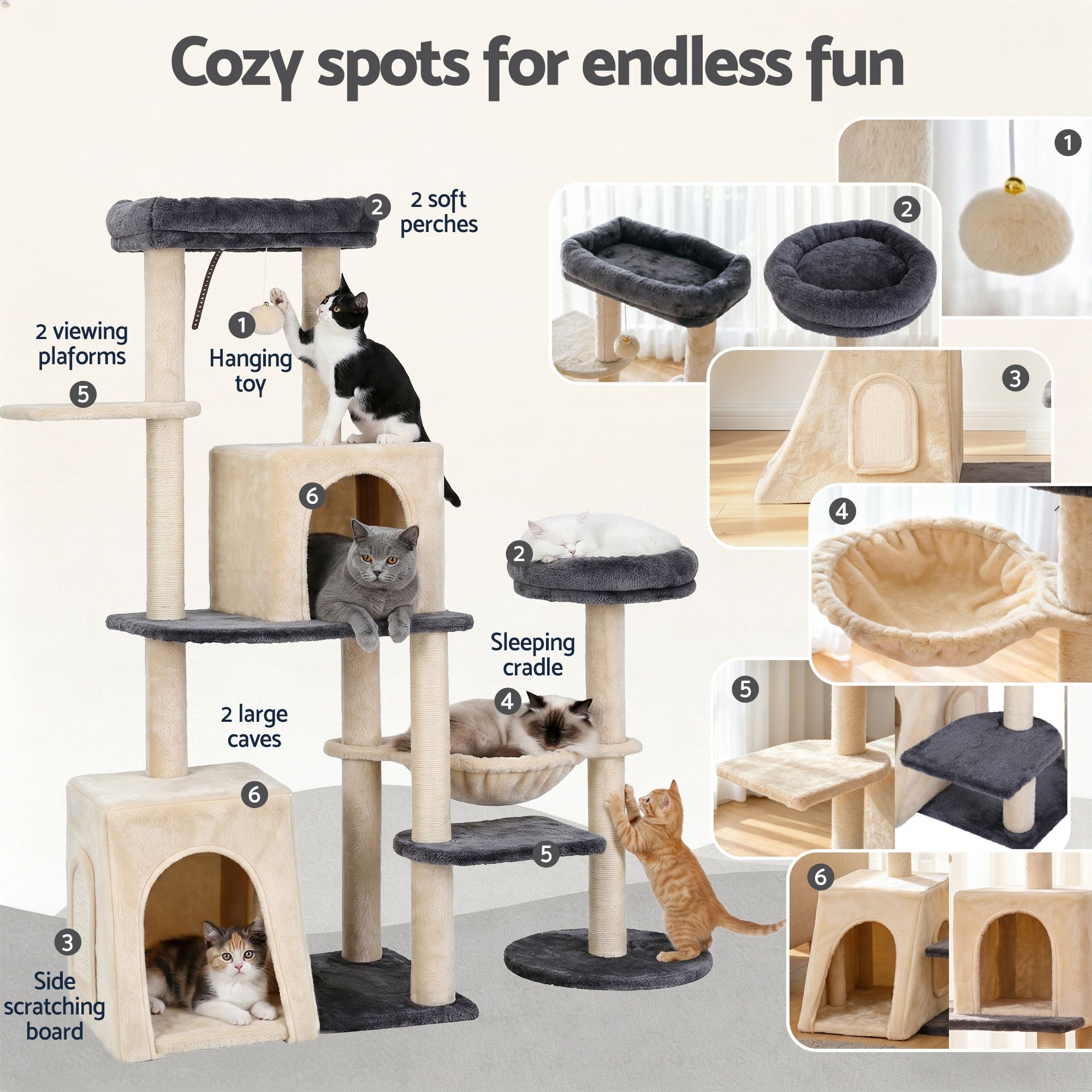 iPet 133cm Rotatable L-Shape Cat Tree Tower Scratching Post Grey Beige Furniture