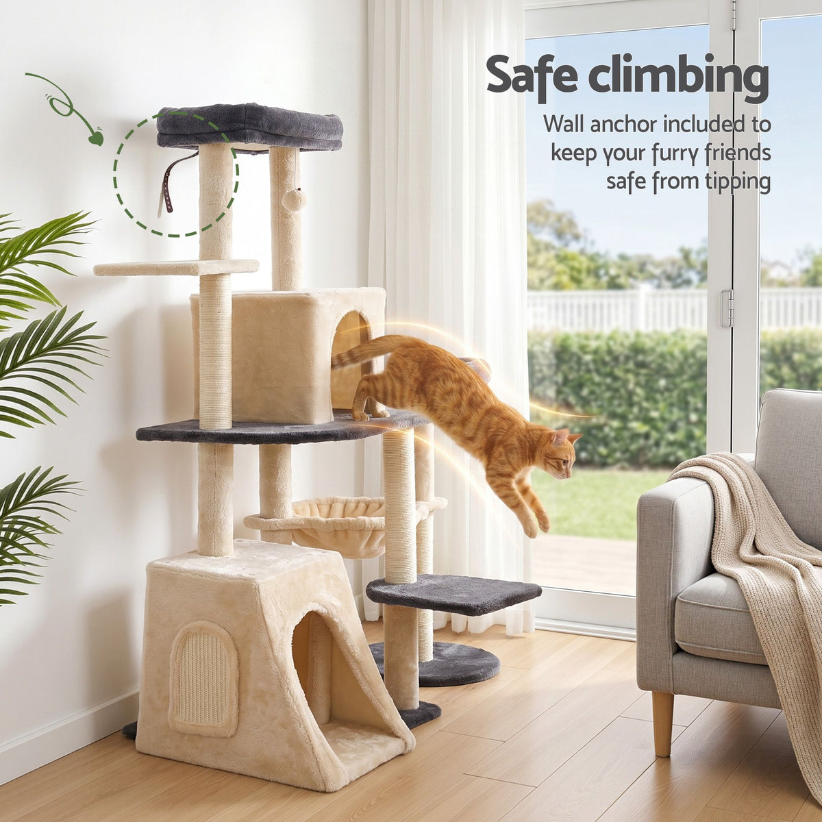 iPet 133cm Rotatable L-Shape Cat Tree Tower Scratching Post Grey Beige Furniture
