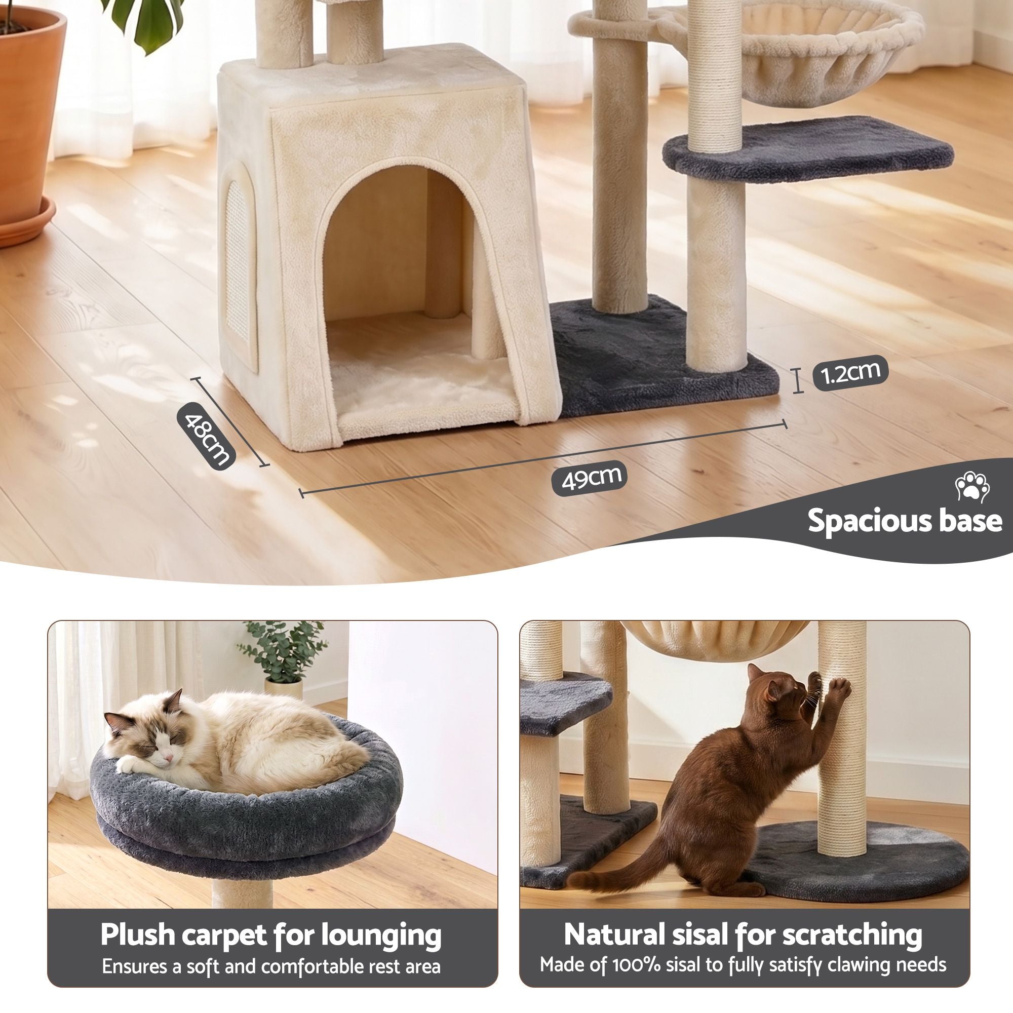 iPet 133cm Rotatable L-Shape Cat Tree Tower Scratching Post Grey Beige Furniture