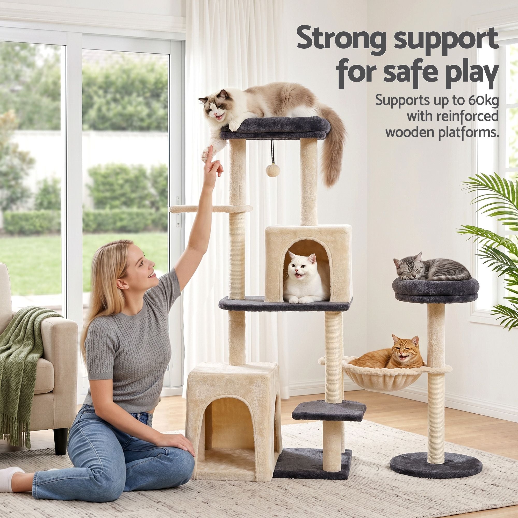 iPet 133cm Rotatable L-Shape Cat Tree Tower Scratching Post Grey Beige Furniture