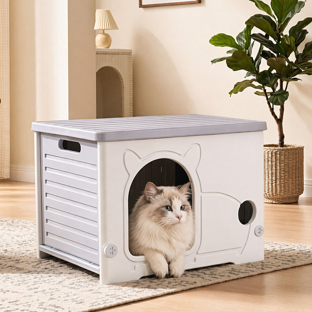 i.Pet Cat House Enclosed Shelter Stackable Bench Box Outdoor Indoor Grey