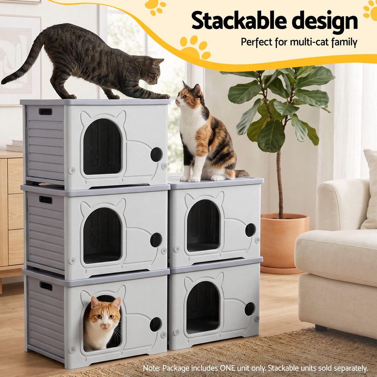 i.Pet Cat House Enclosed Shelter Stackable Bench Box Outdoor Indoor Grey