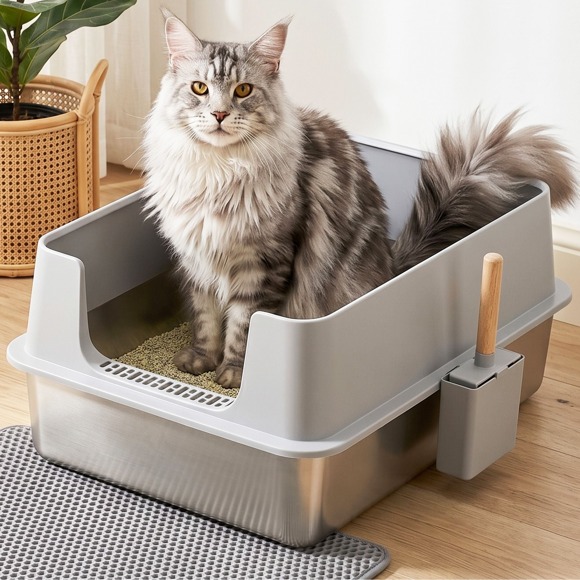 i.Pet XXL Cat Litter Box Stainless Steel Jumbo Semi-Enclosed Pet Toilet Grey