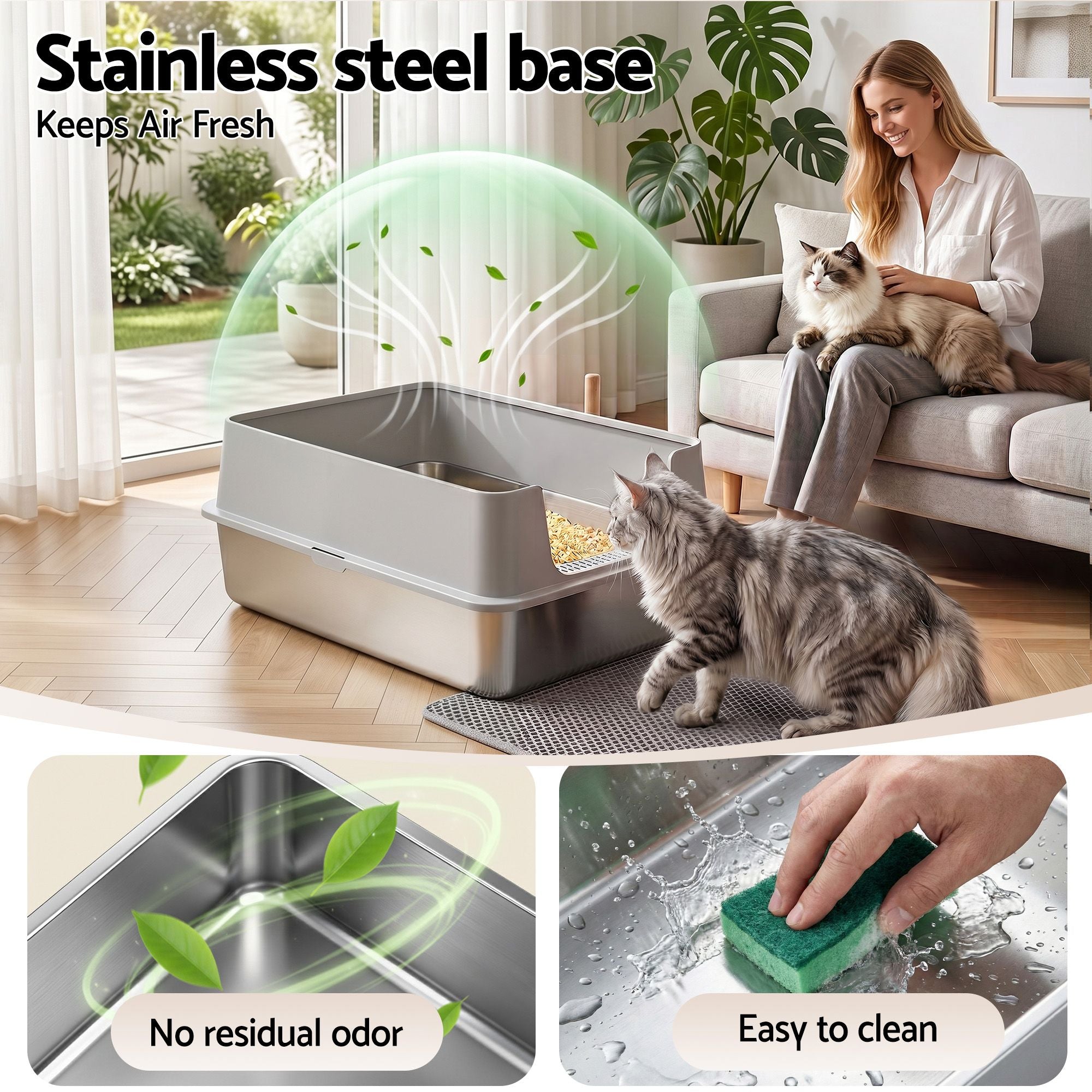 i.Pet XXL Cat Litter Box Stainless Steel Jumbo Semi-Enclosed Pet Toilet Grey