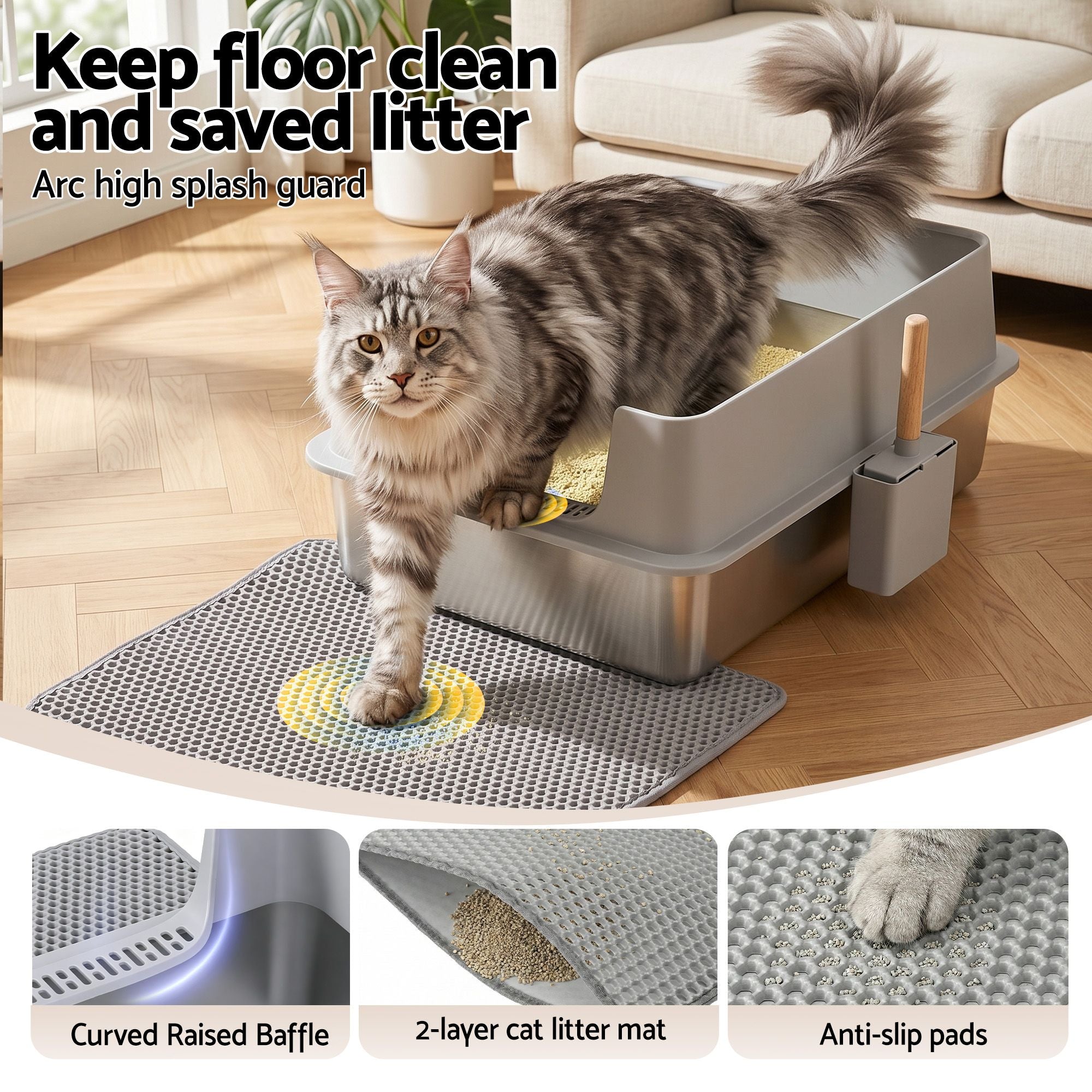 i.Pet XXL Cat Litter Box Stainless Steel Jumbo Semi-Enclosed Pet Toilet Grey