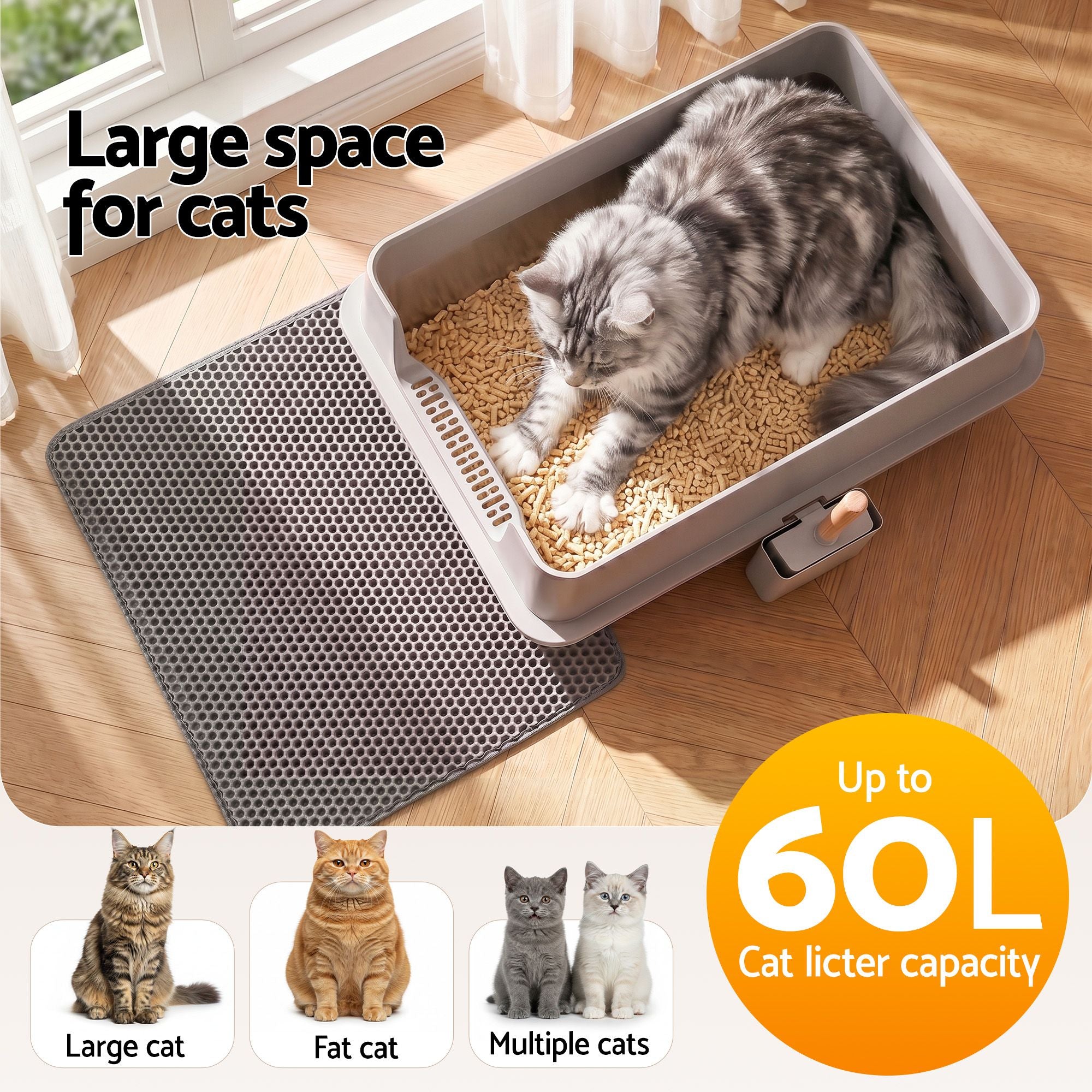 i.Pet XXL Cat Litter Box Stainless Steel Jumbo Semi-Enclosed Pet Toilet Grey