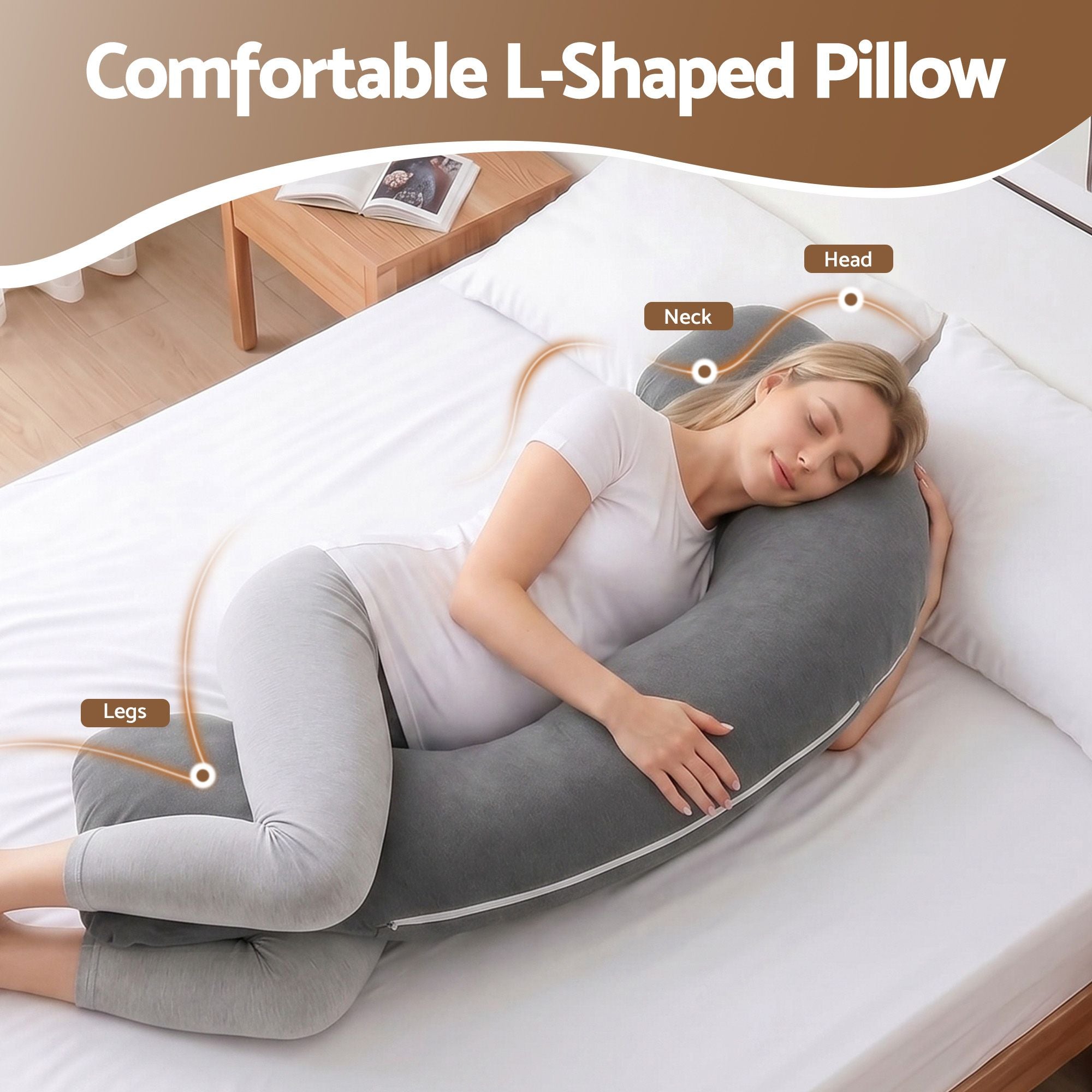 Giselle Bedding Pillow for Side Sleeping L-Shaped Maternity Body Pillow Grey