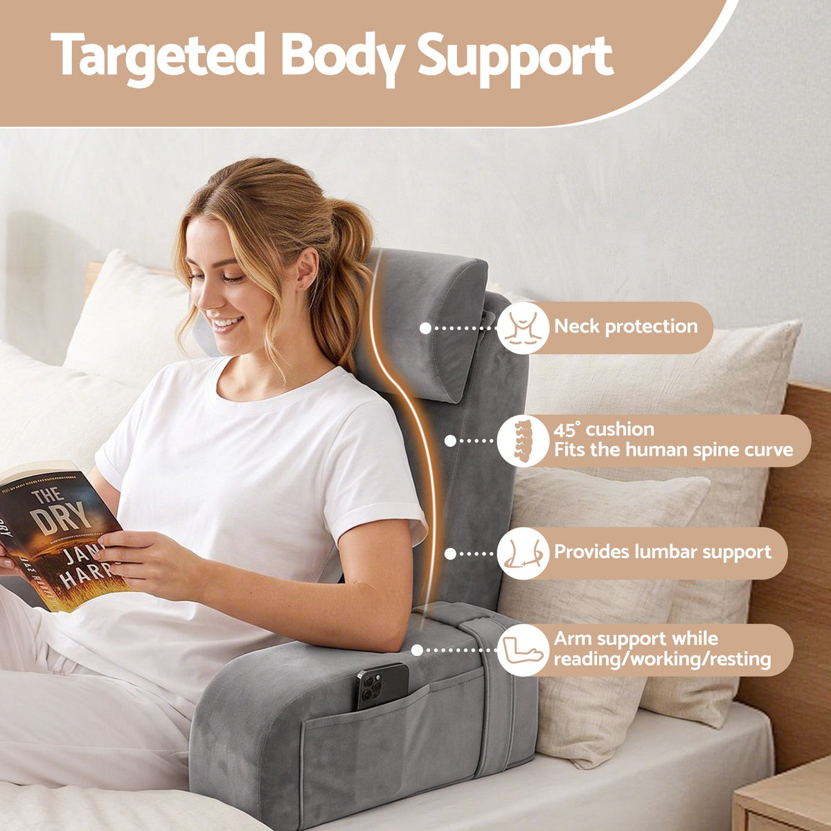 Giselle Reading Pillow For Bed With Non-Sag Solid Memory Foam and Washable Cover