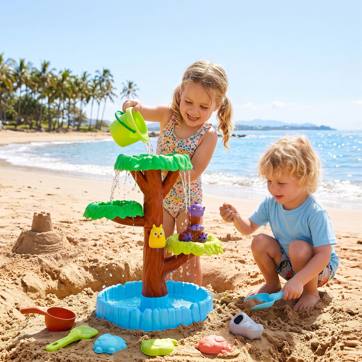 Keezi 62cm Kids Tree Water Table Sandpit Play Set with Shovels Molds Sand Toy
