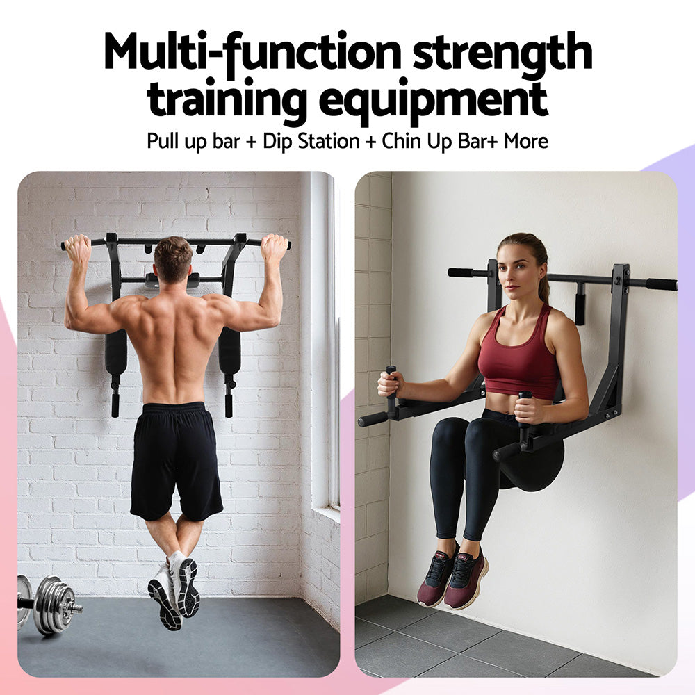 Everfit Pull Up Bar Dip Station Multi Gym 150kg Home Power Station Black Red