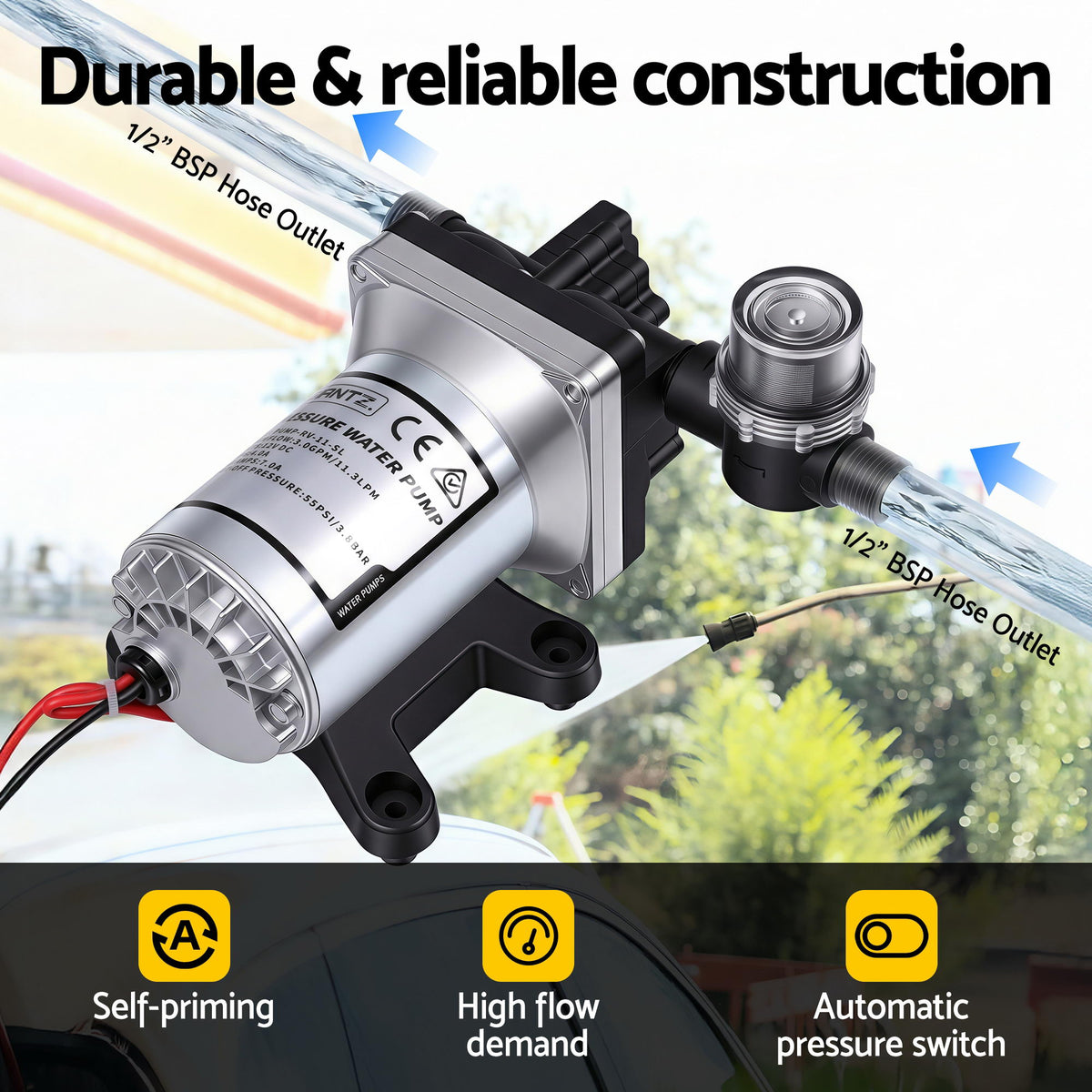 Giantz 12V DC Water Pump 3 GPM Self-Priming RV Water Pressure Pump with Automatic Pressure Switch