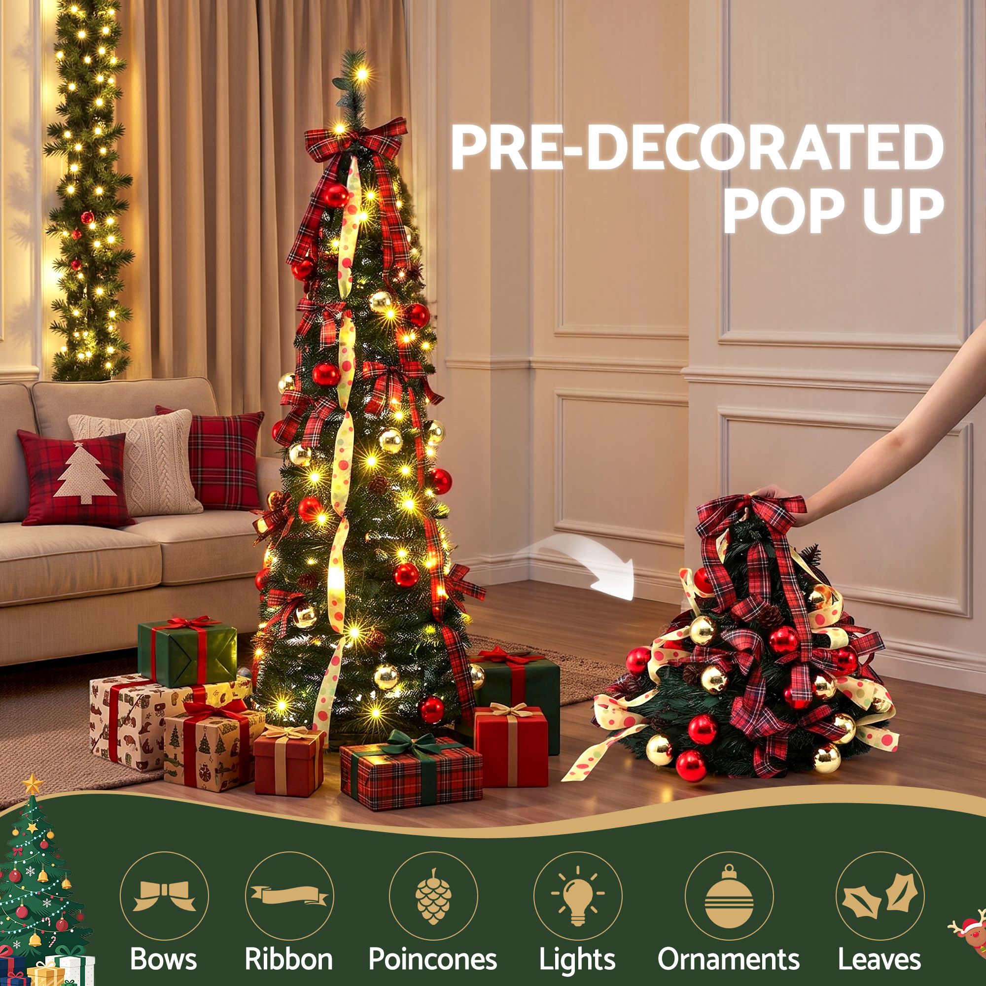 Jingle Jollys Pop Up Christmas Tree Pre Decorated Artificial 160cm