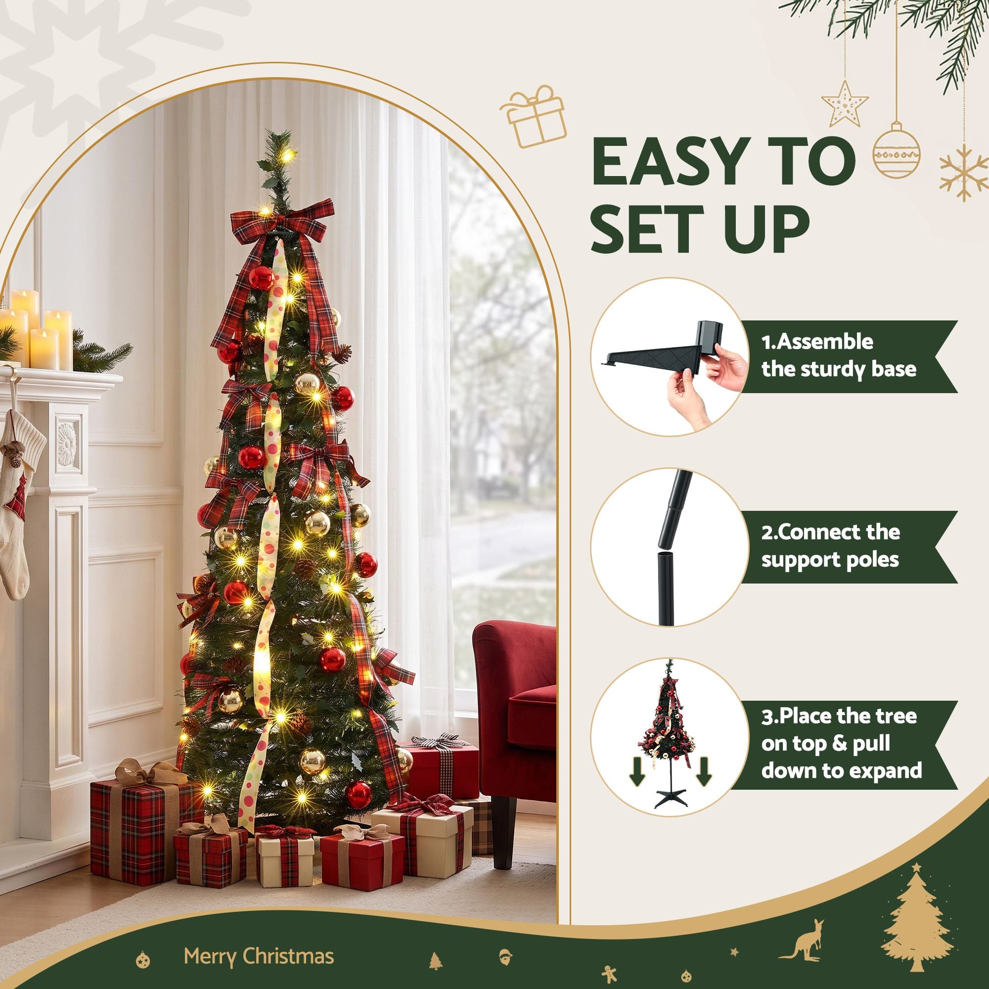 Jingle Jollys Pop Up Christmas Tree Pre Decorated Artificial 160cm